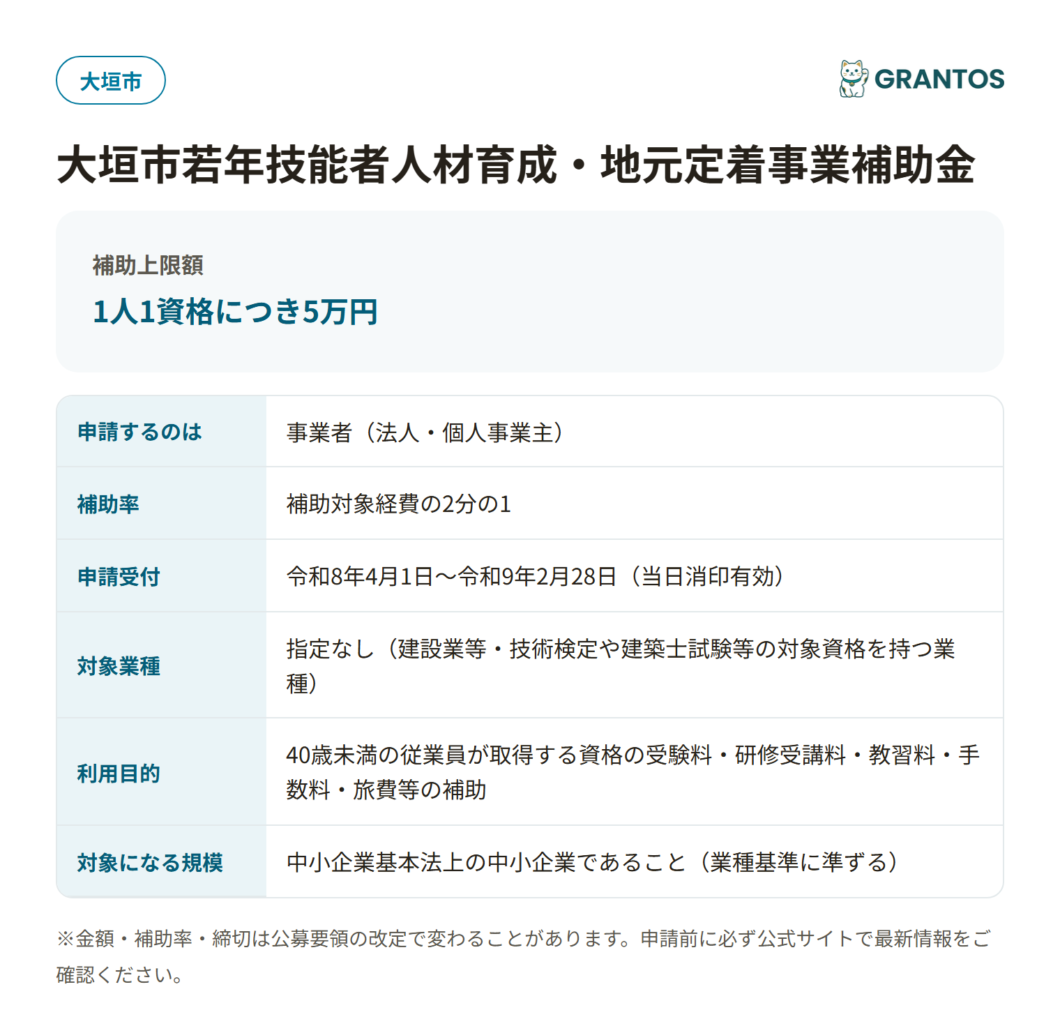 若年技能者資格取得補助金の対象・金額・締切の概要