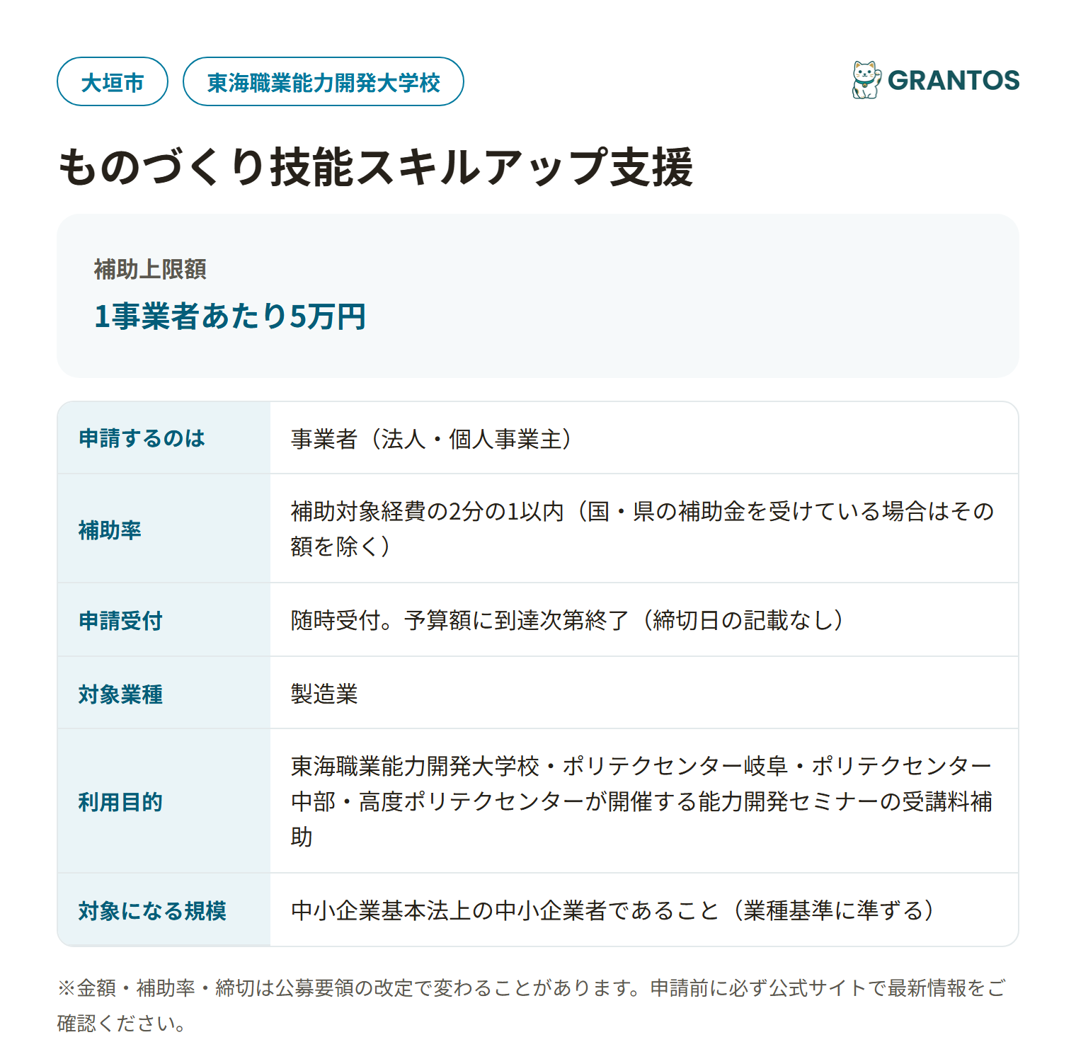 ものづくり技能スキルアップ支援の対象・金額・締切の概要