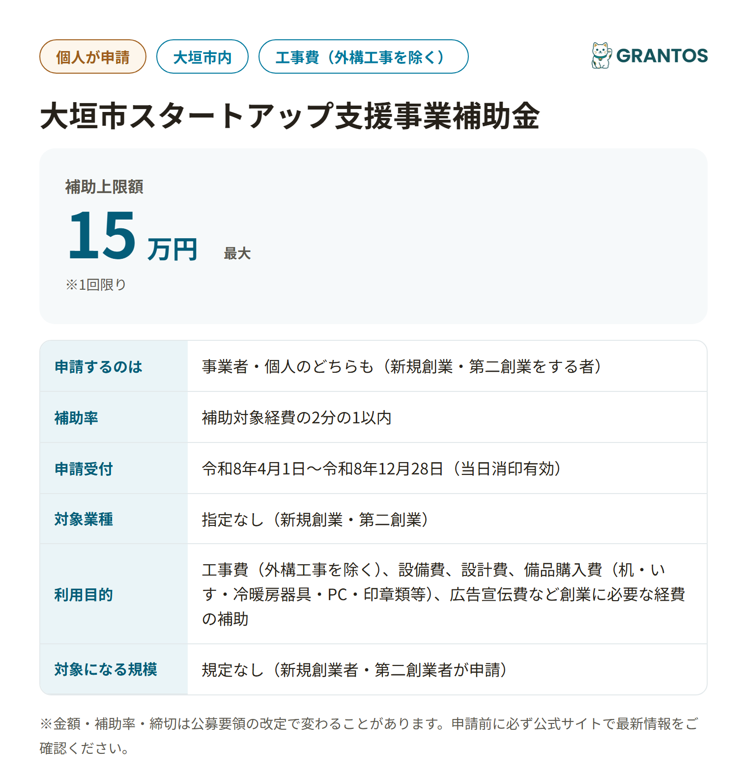 スタートアップ支援事業補助金の対象・金額・締切の概要