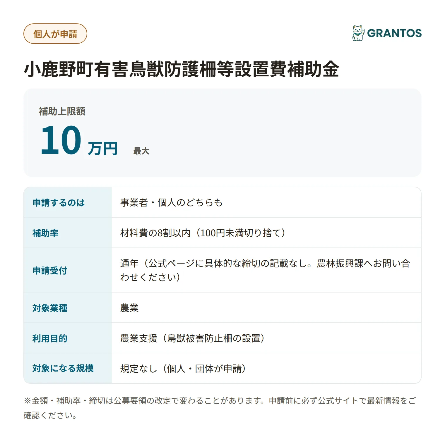 小鹿野町有害鳥獣防護柵等設置費補助金の対象・金額・締切の概要