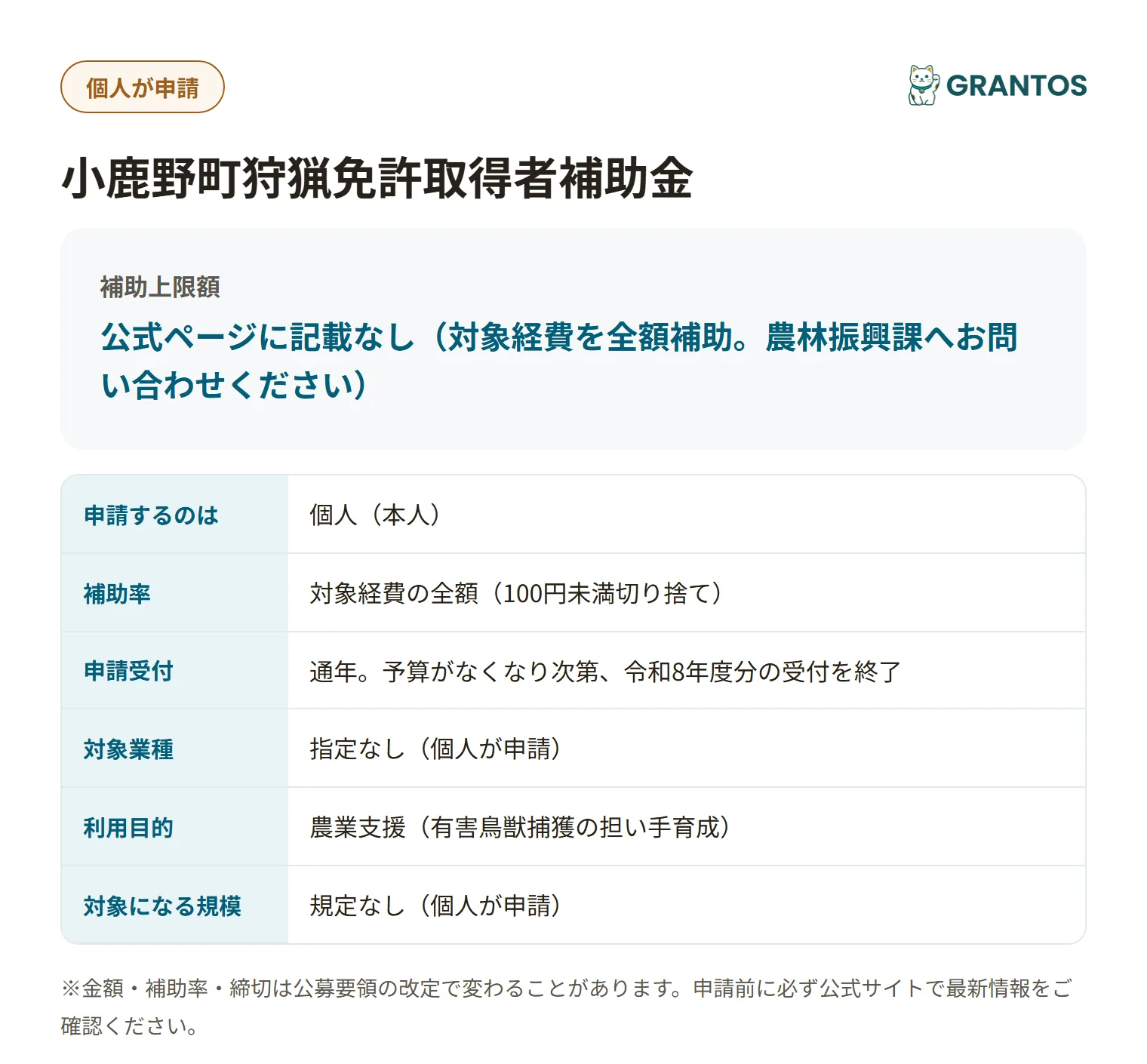 小鹿野町狩猟免許取得者補助金の対象・金額・締切の概要