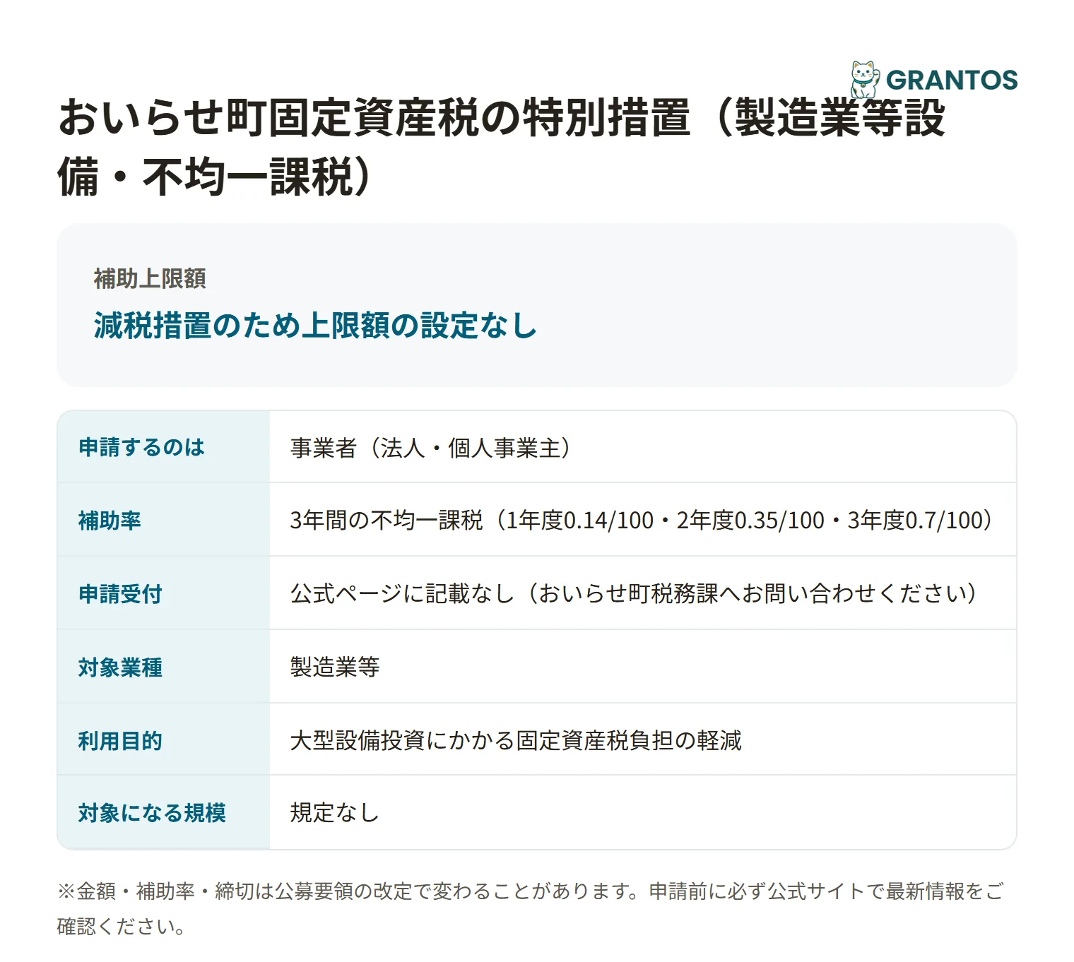 おいらせ町固定資産税の特別措置（製造業等設備）の対象・金額・締切の概要