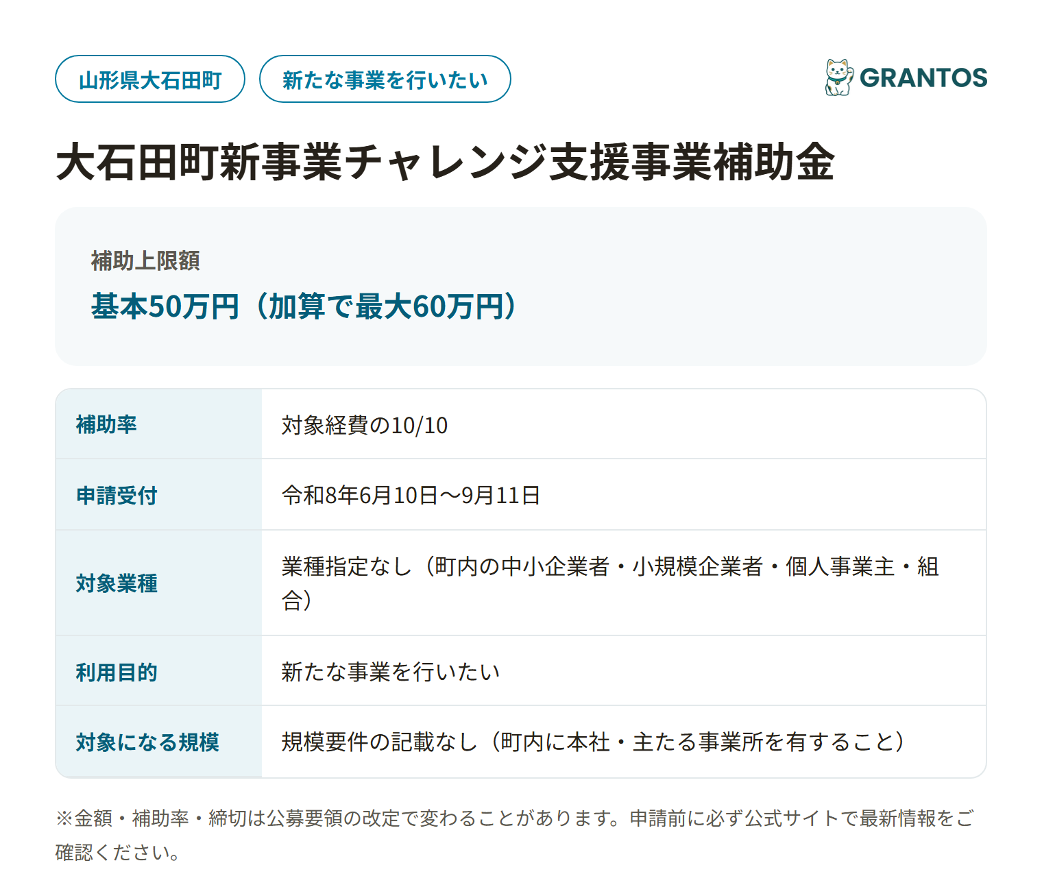 大石田町新事業チャレンジ支援事業補助金の対象・金額・締切の概要