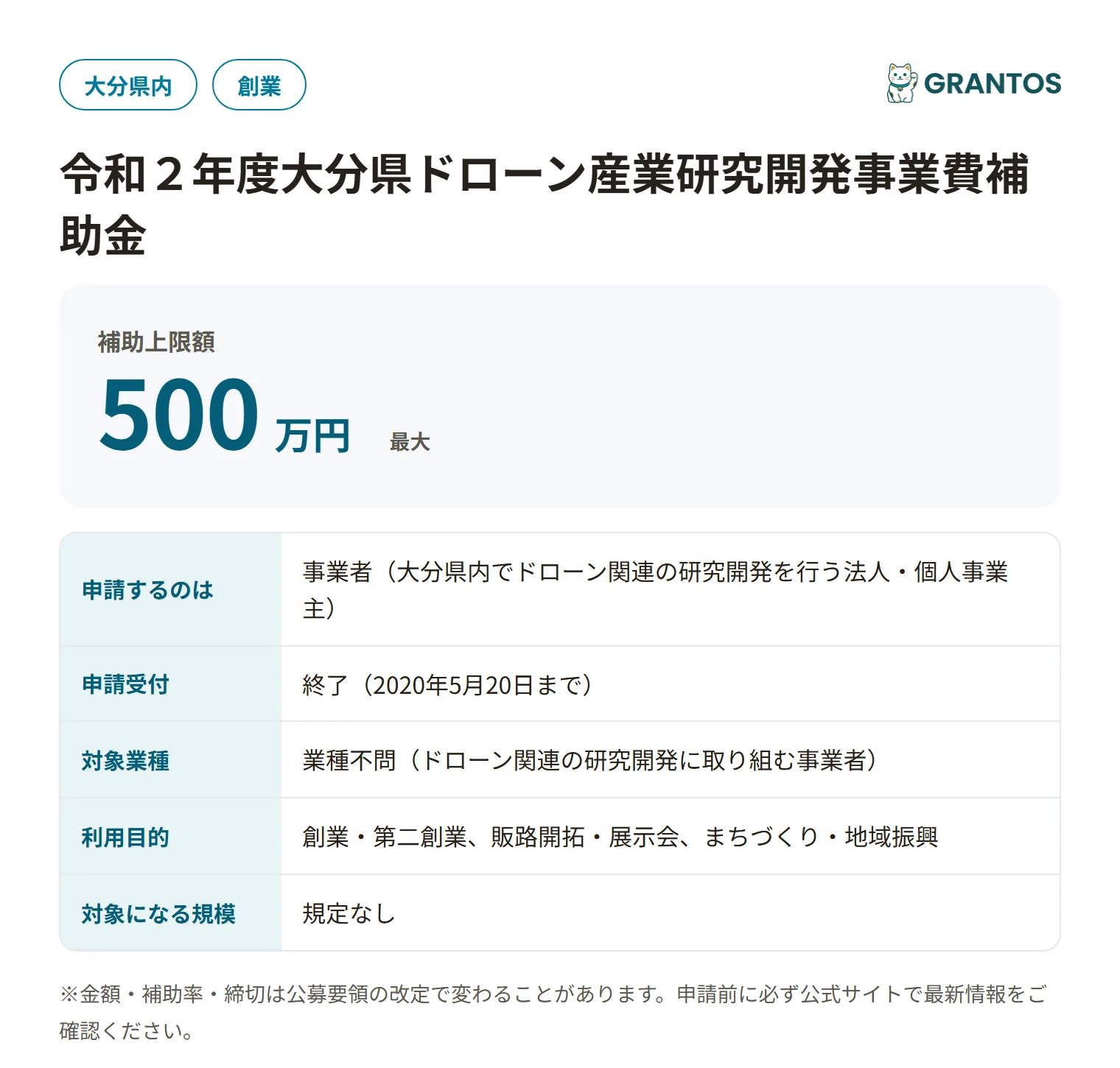 ドローン産業研究開発事業費補助金R2の対象・金額・締切の概要
