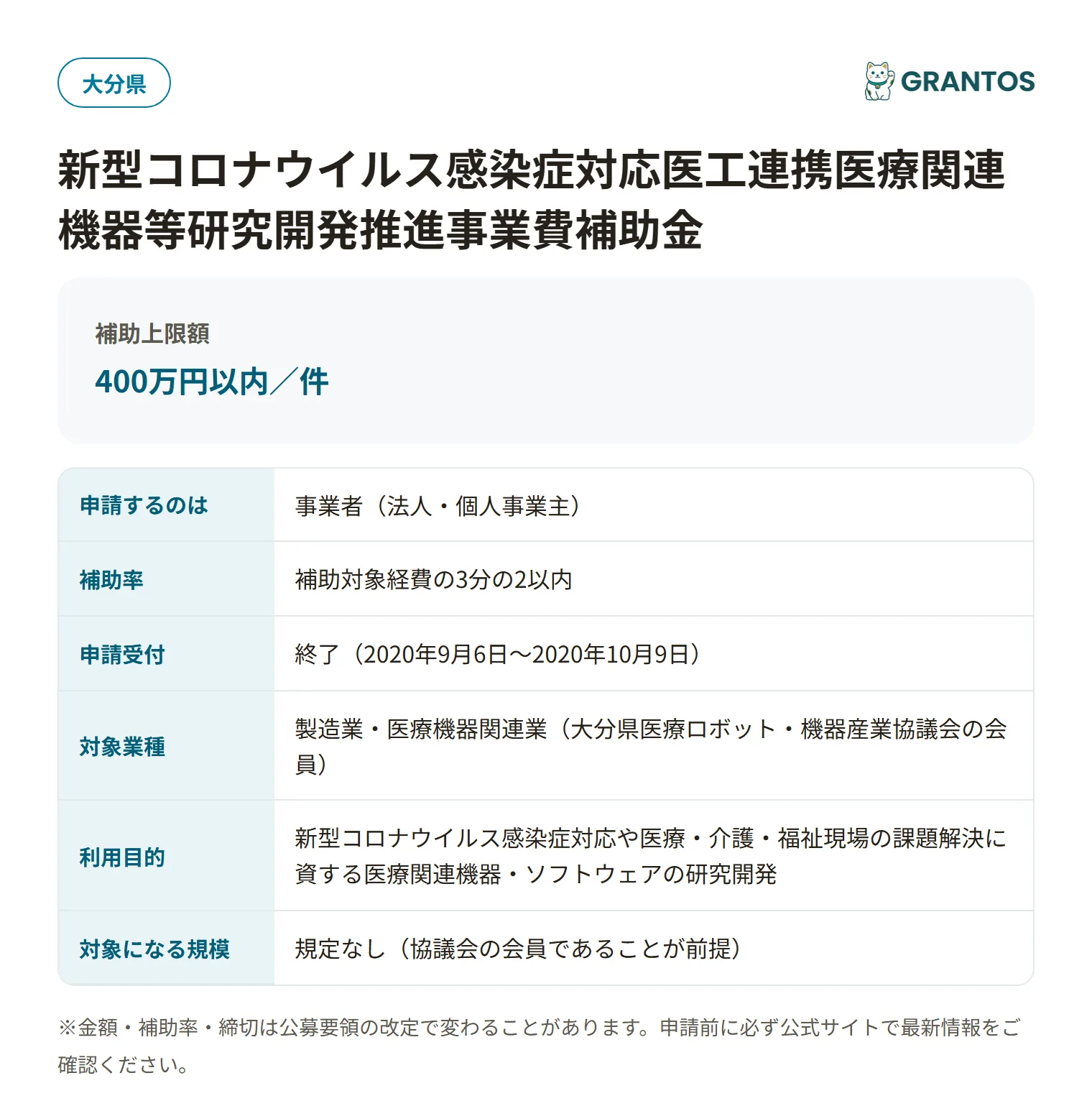 医工連携医療関連機器等研究開発推進事業費補助金の対象・金額・締切の概要