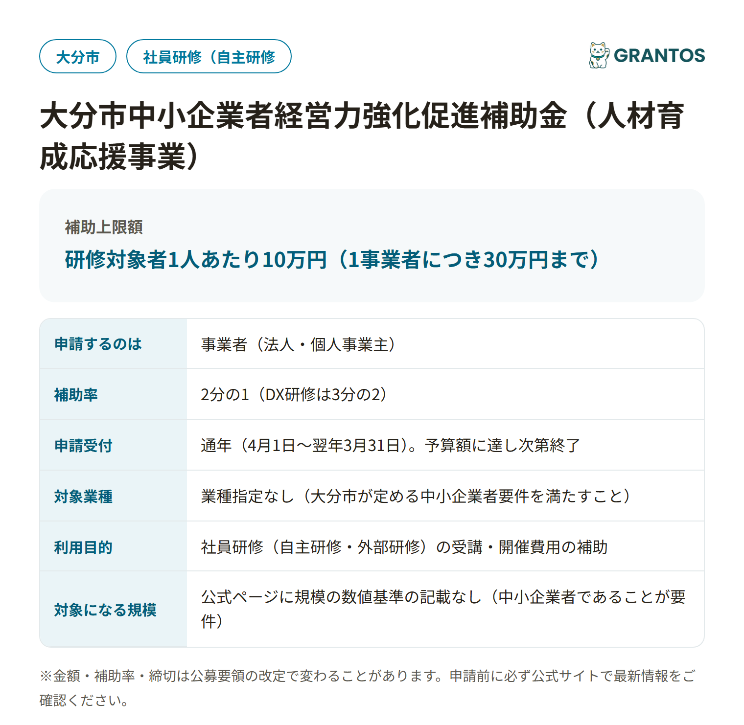 人材育成応援事業の対象・金額・締切の概要