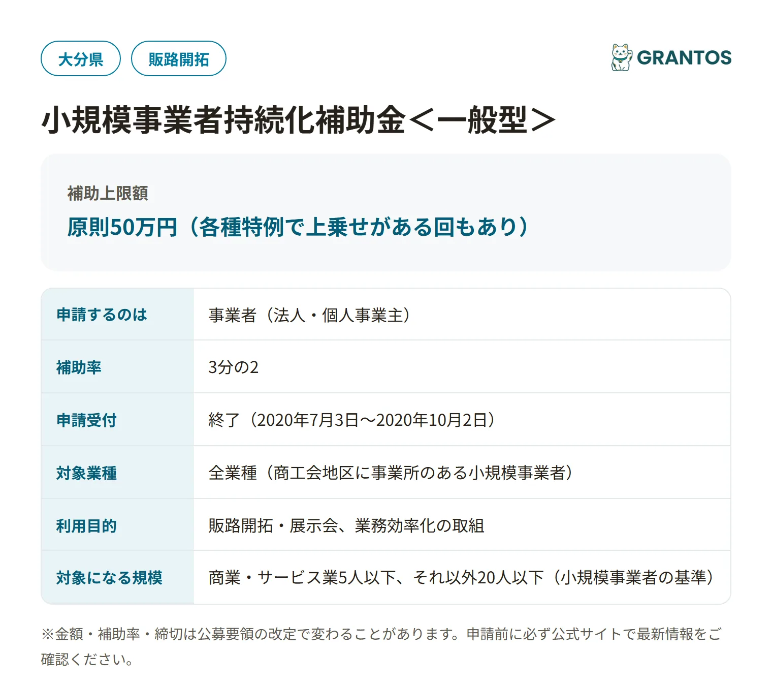 小規模事業者持続化補助金＜一般型＞の対象・金額・締切の概要