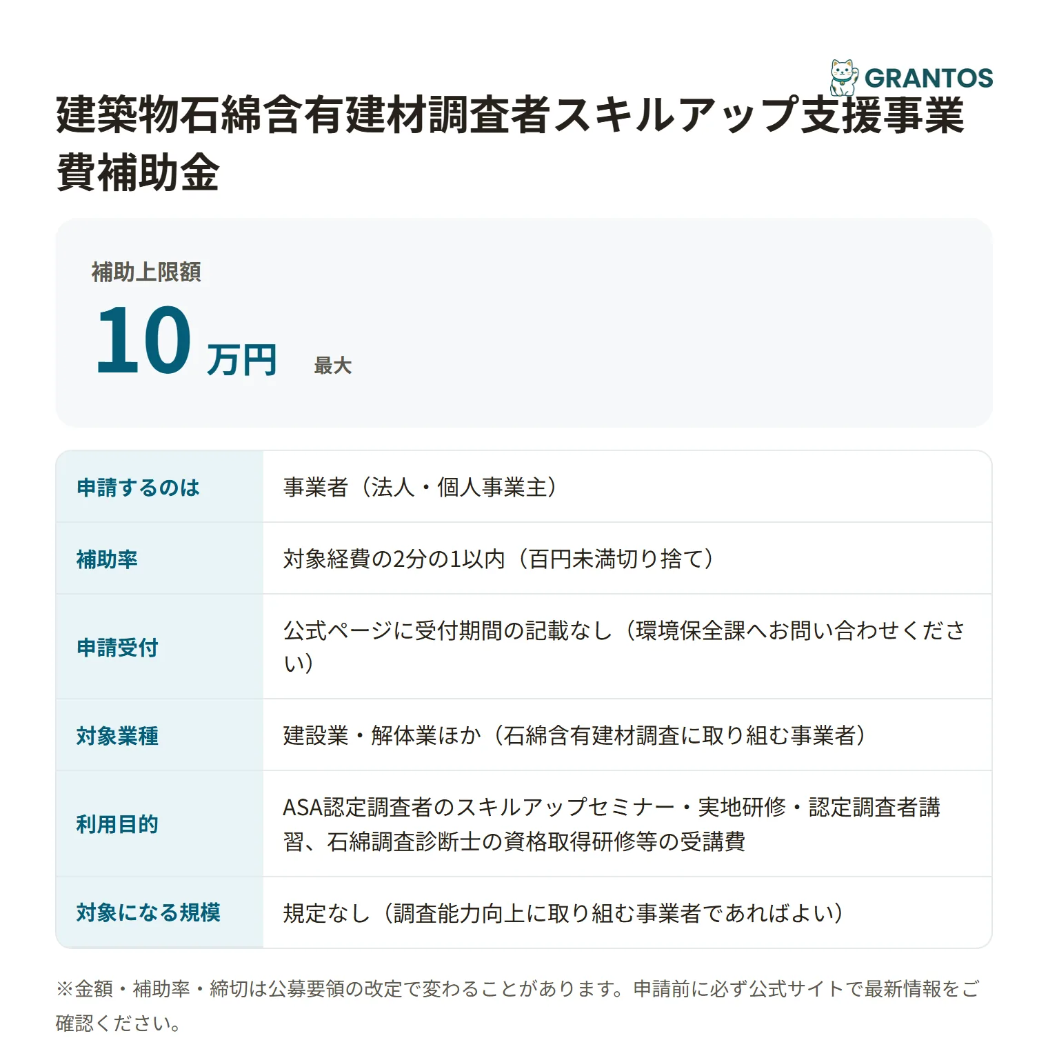 建築物石綿含有建材調査者スキルアップ支援事業費補助金の対象・金額・締切の概要