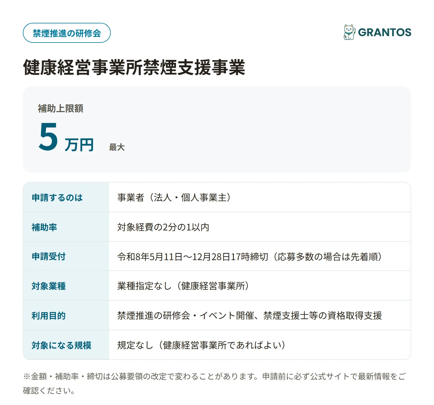 健康経営事業所禁煙支援事業の対象・金額・締切の概要
