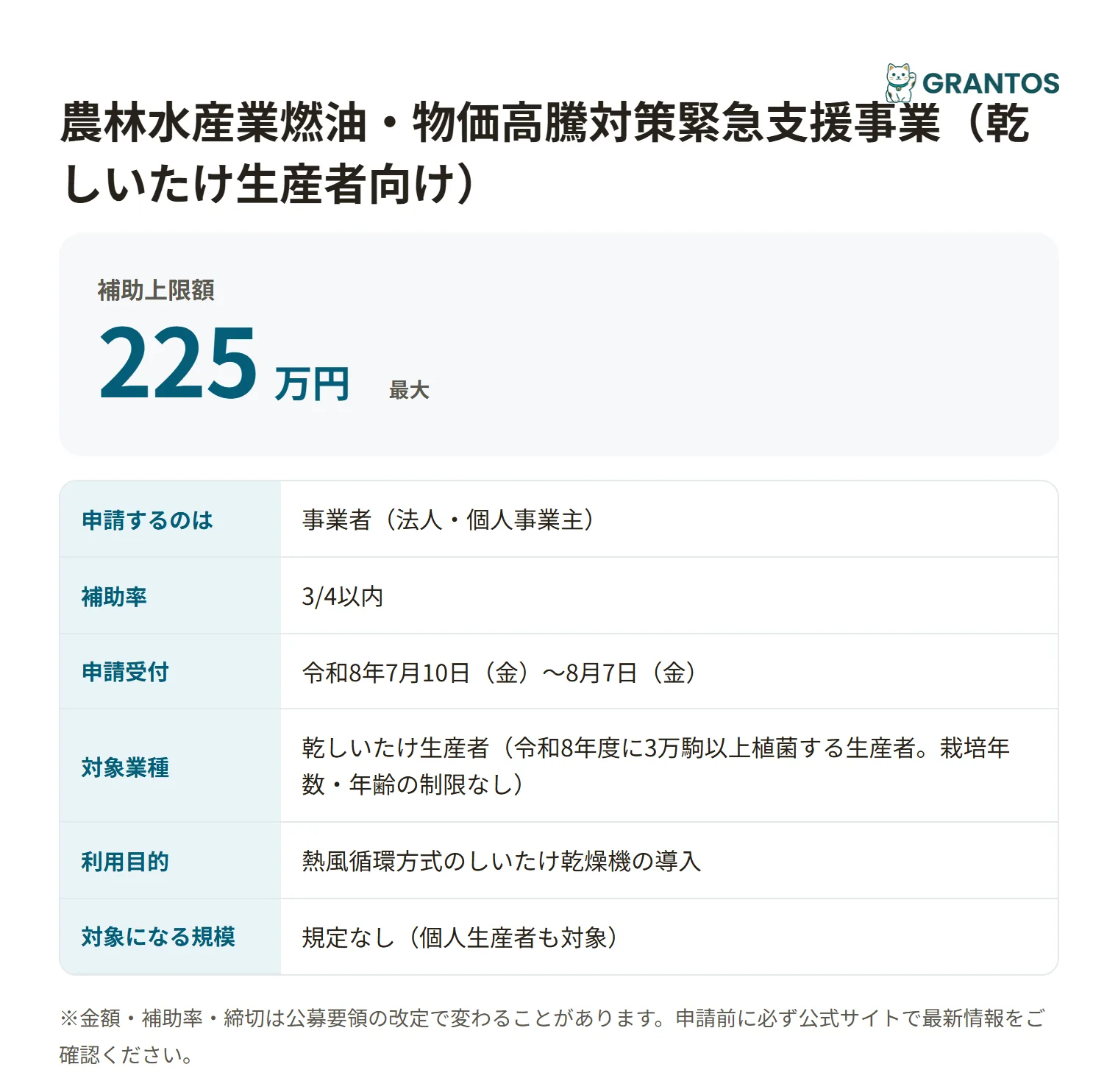 農林水産業燃油・物価高騰対策緊急支援事業(乾しいたけ生産者向け)の対象・金額・締切の概要
