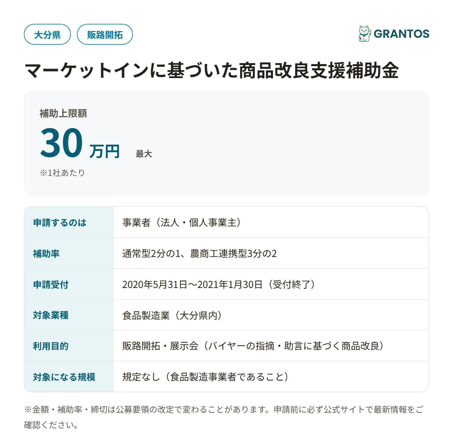 マーケットインに基づいた商品改良支援補助金の対象・金額・締切の概要