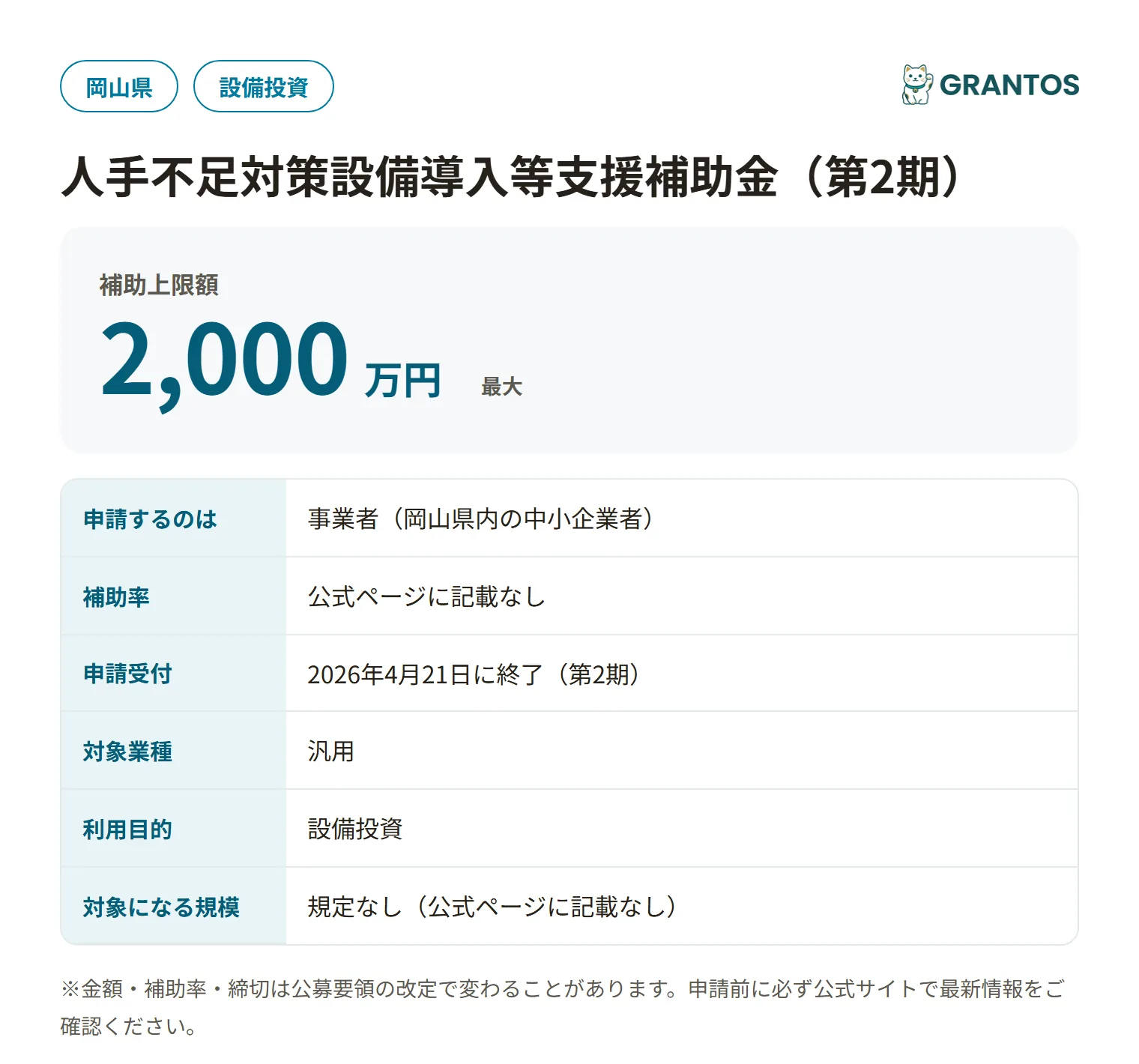 人手不足対策設備導入等支援補助金（第2期）の対象・金額・締切の概要