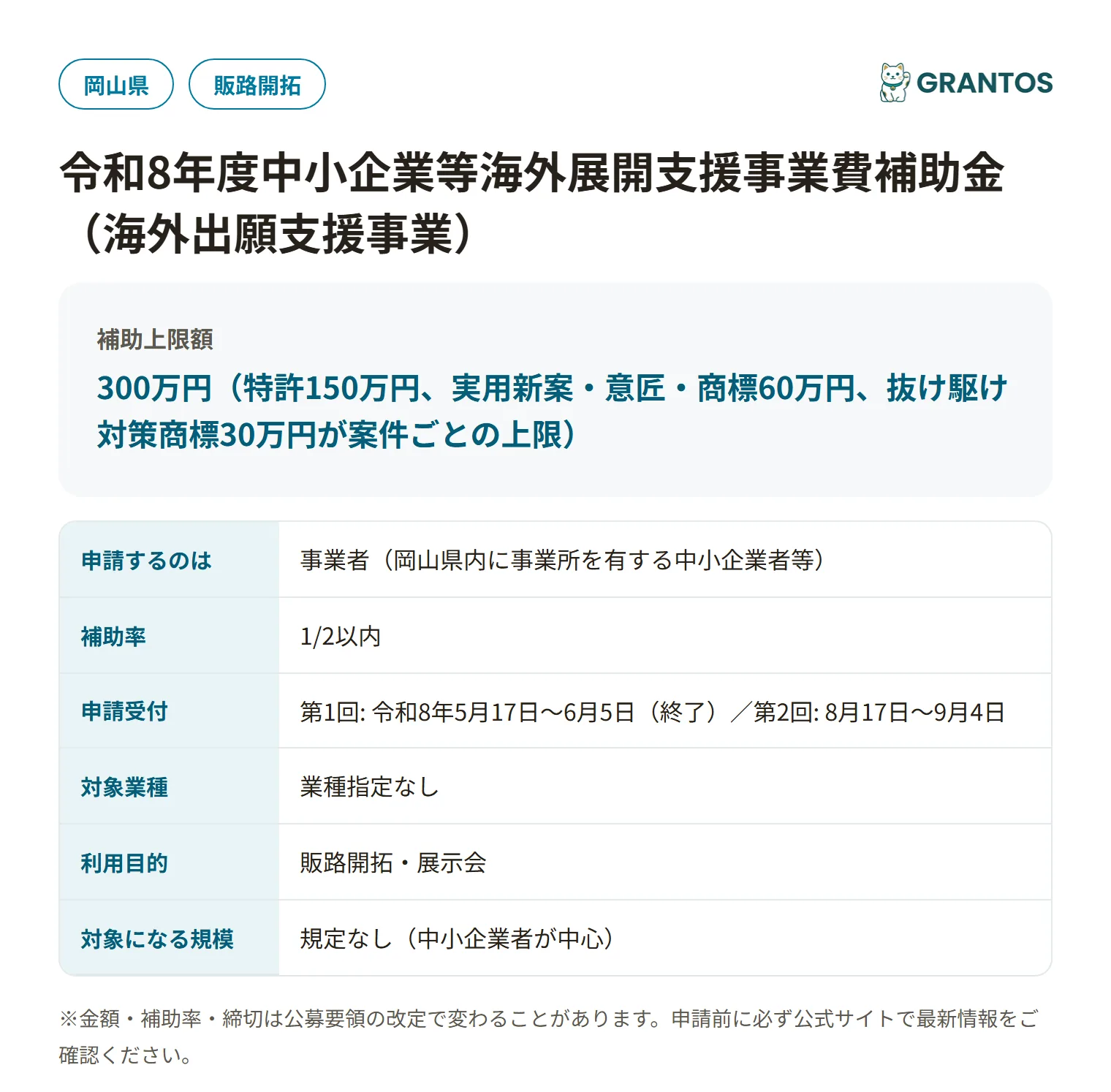 中小企業等海外展開支援事業費補助金（海外出願支援事業）の対象・金額・締切の概要