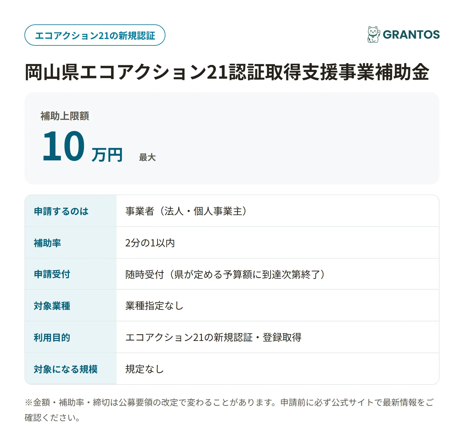 エコアクション21認証取得支援事業補助金の対象・金額・締切の概要