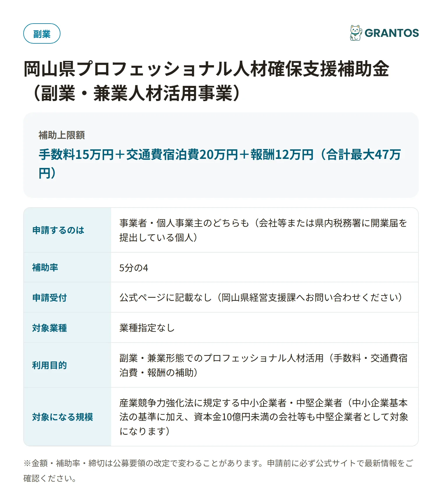 岡山県副業・兼業人材活用事業の対象・金額・締切の概要