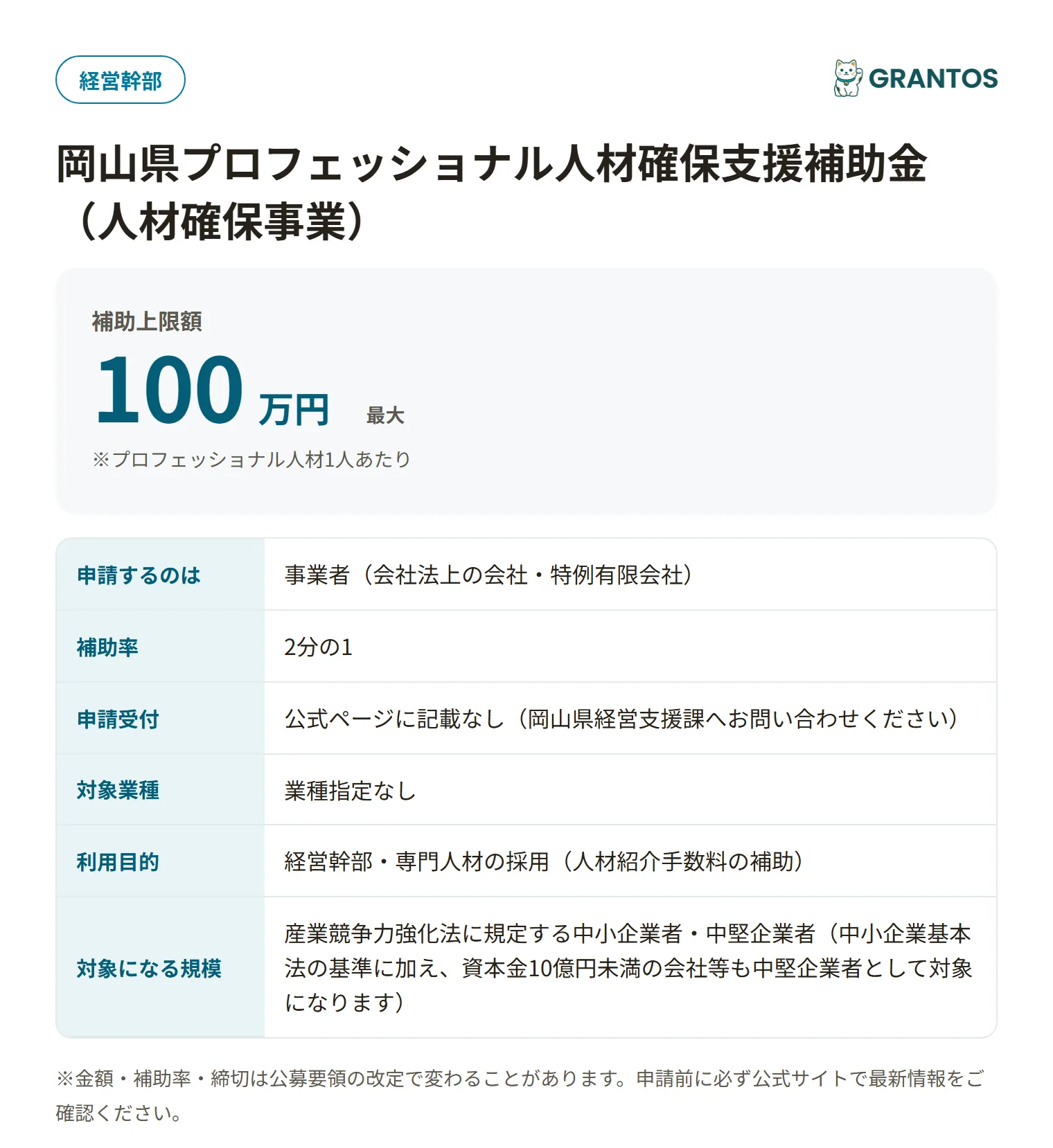 岡山県プロフェッショナル人材確保支援補助金（人材確保事業）の対象・金額・締切の概要