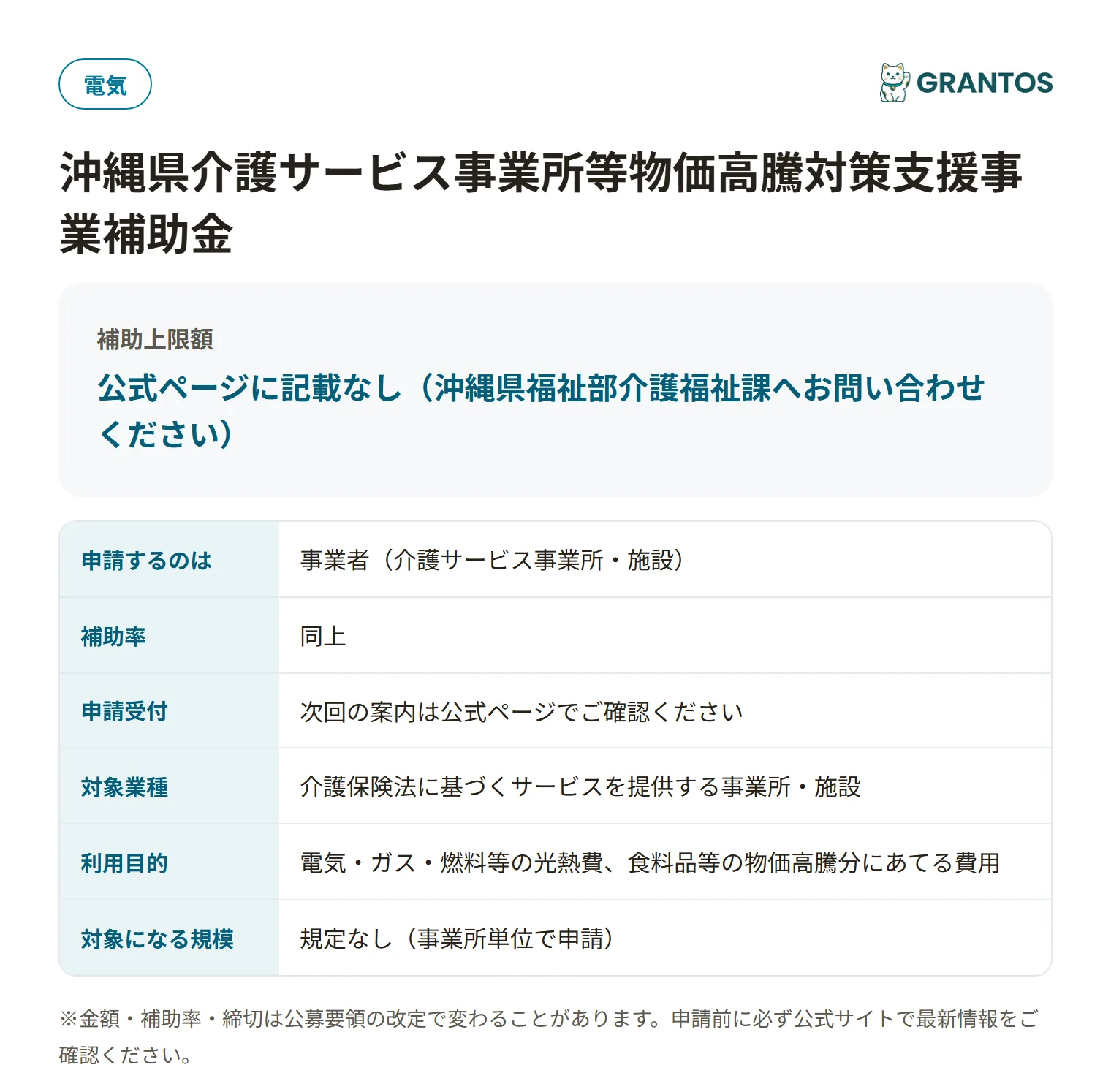 介護サービス事業所等物価高騰対策支援事業補助金の対象・金額・締切の概要