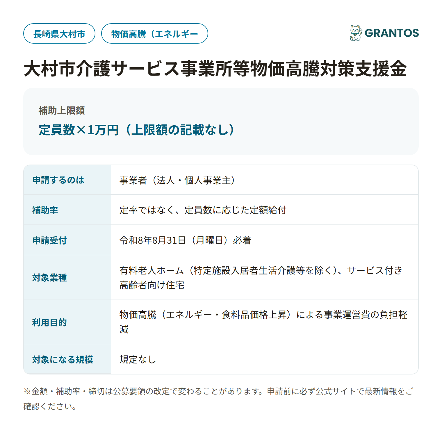 大村市介護サービス事業所等物価高騰対策支援金の対象・金額・締切の概要