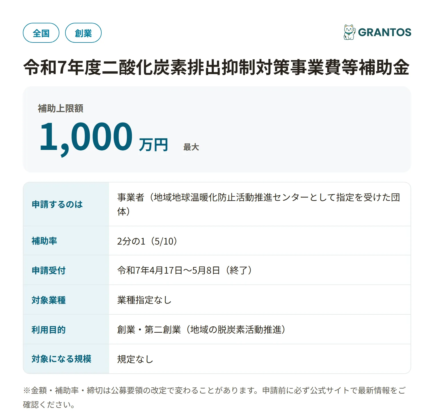 地域における地球温暖化防止活動促進事業の対象・金額・締切の概要