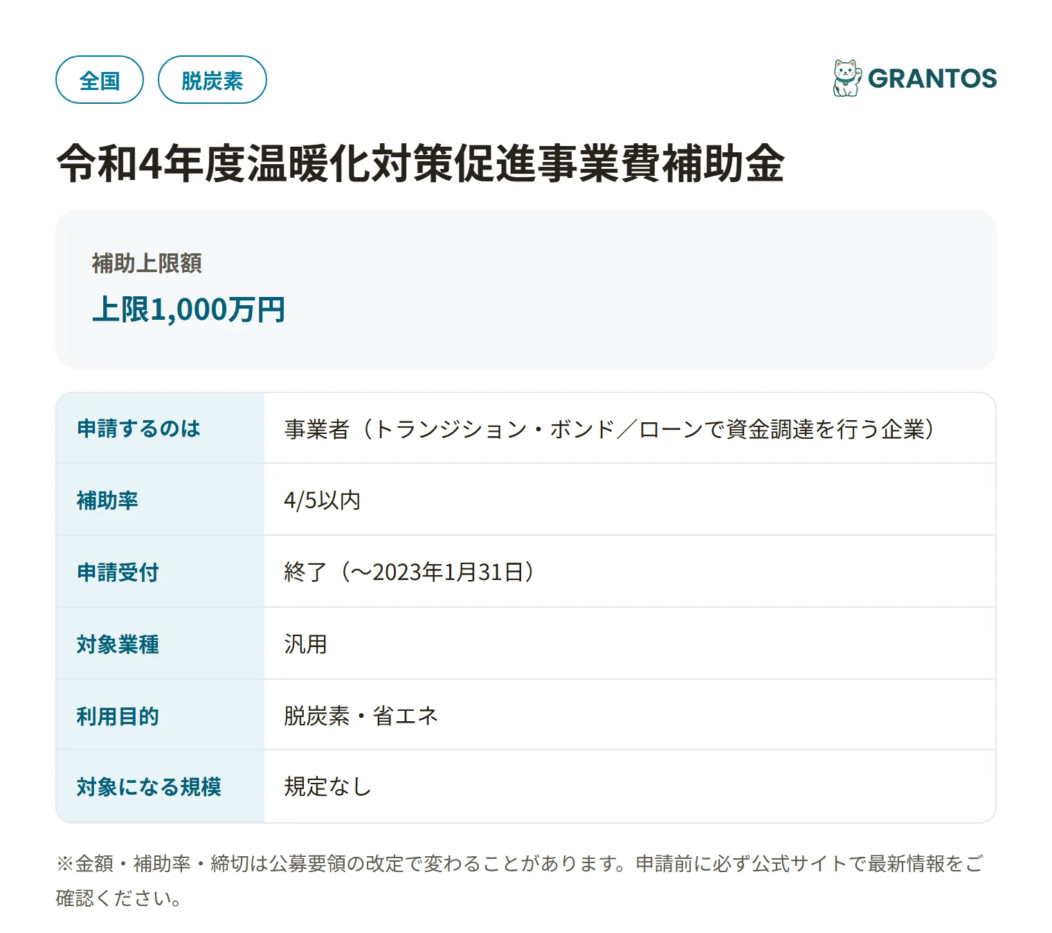令和4年度温暖化対策促進事業費補助金（クライメート・イノベーション・ファイナンス推進事業）の対象・金額・締切の概要