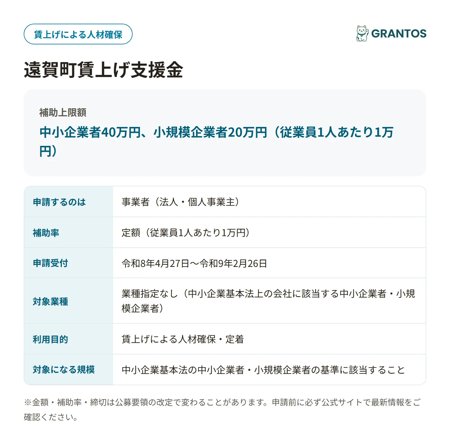 遠賀町賃上げ支援金の対象・金額・締切の概要