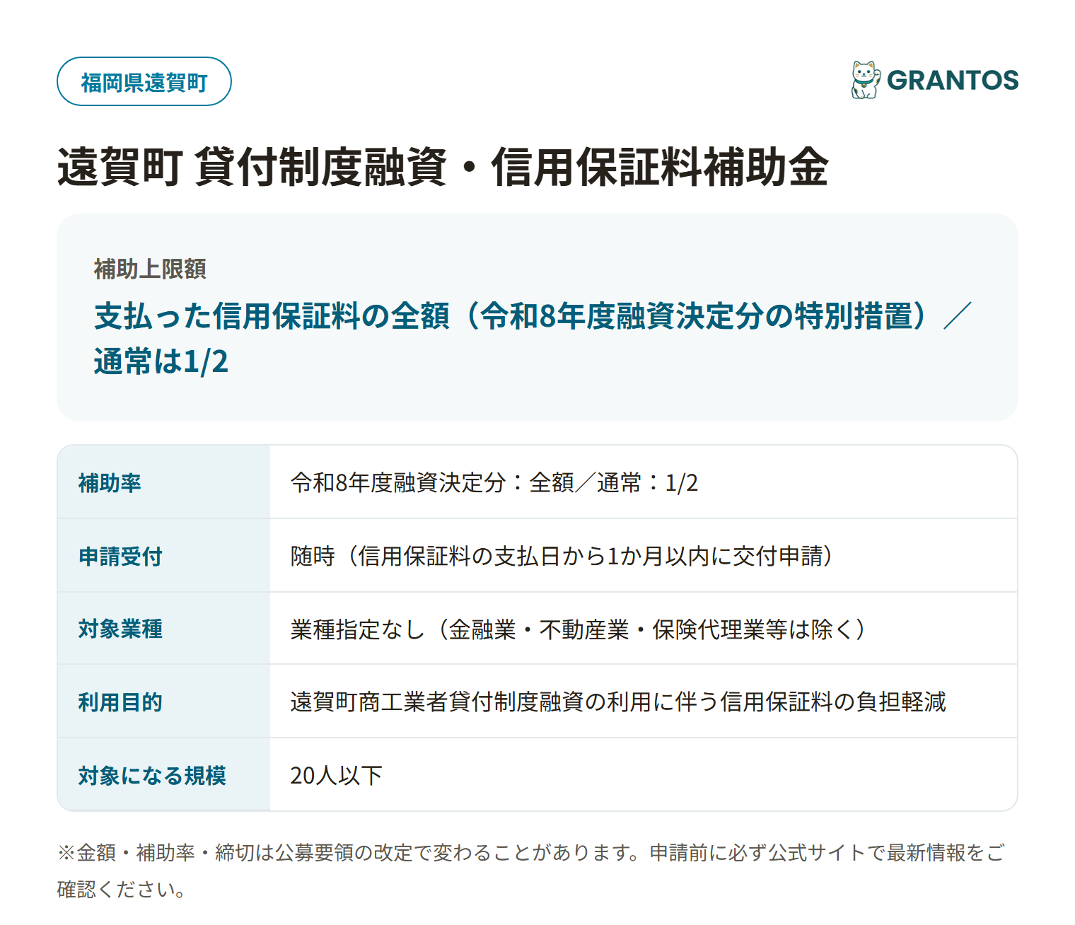 遠賀町貸付制度融資・信用保証料補助金の対象・金額・締切の概要