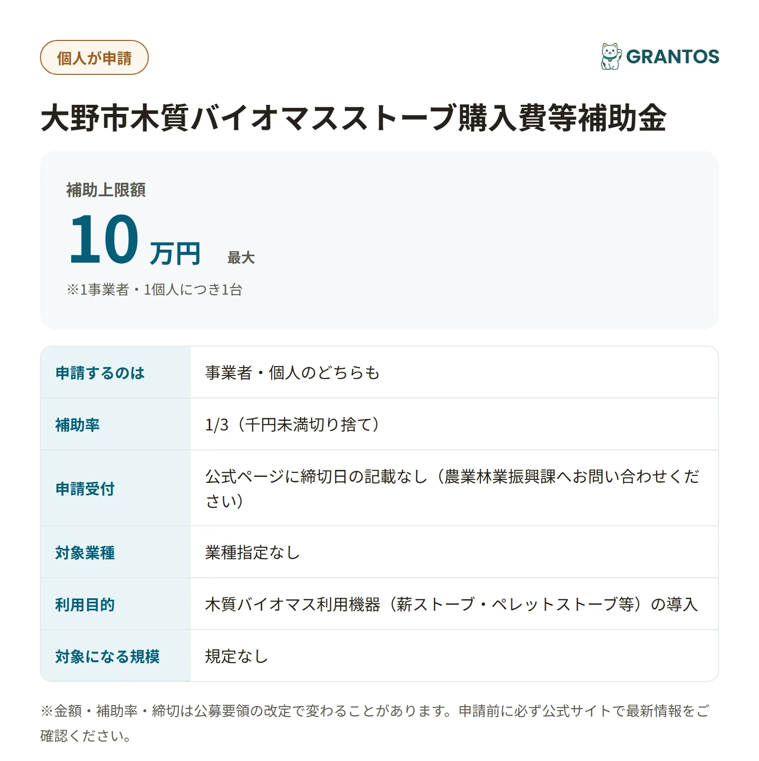 大野市木質バイオマスストーブ購入費等補助金の対象・金額・締切の概要