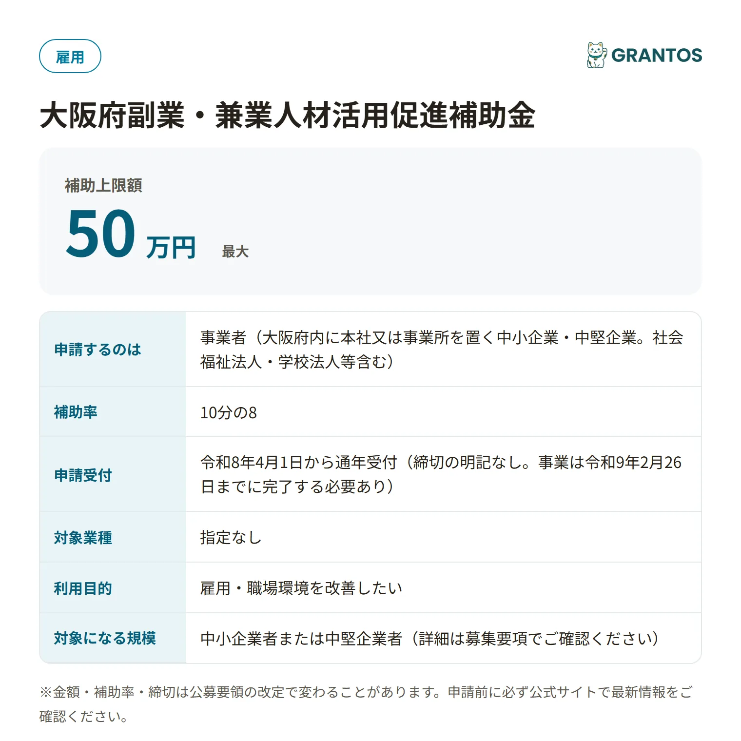 副業・兼業人材活用促進補助金の対象・金額・締切の概要