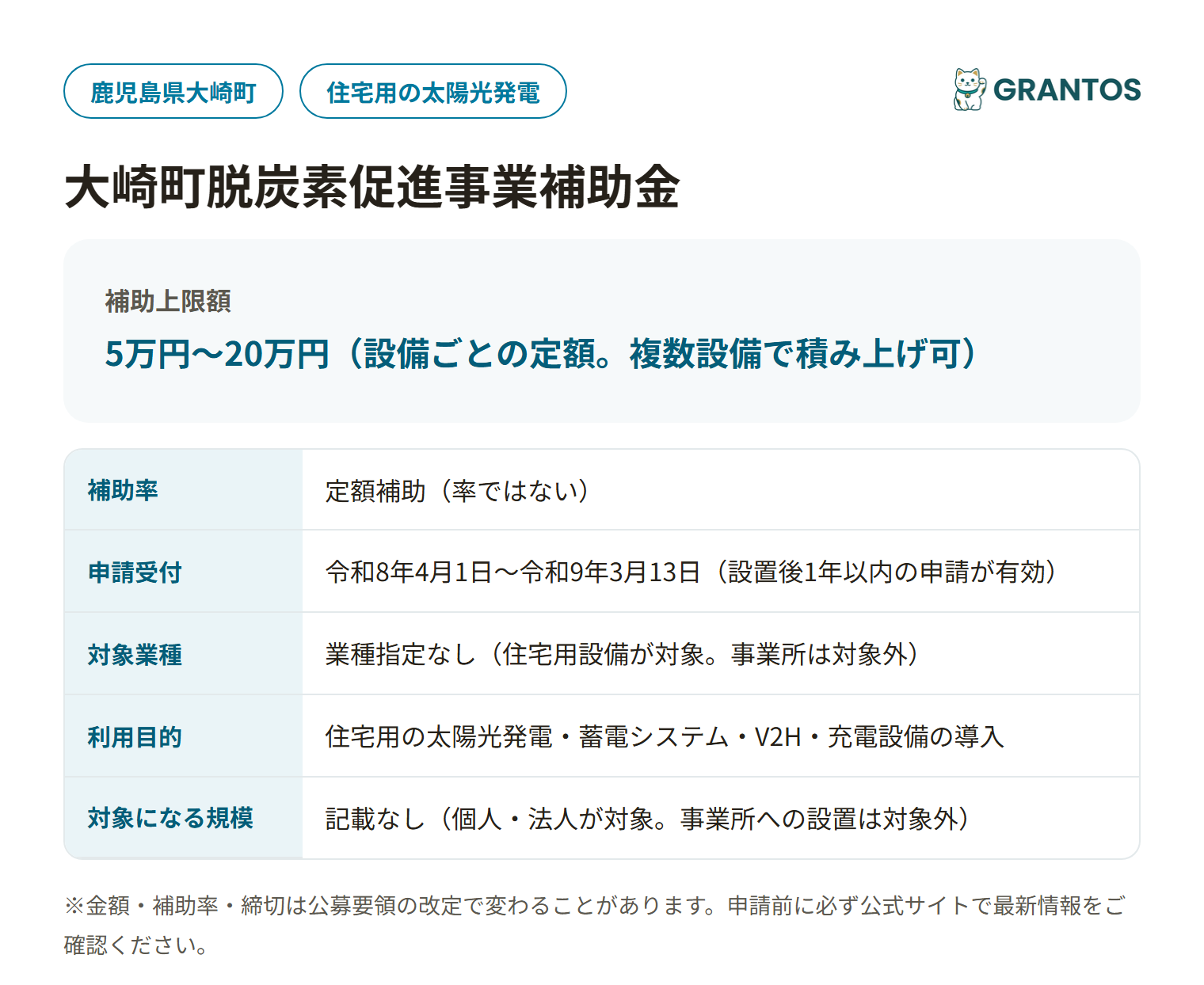 大崎町脱炭素促進事業補助金の対象・金額・締切の概要