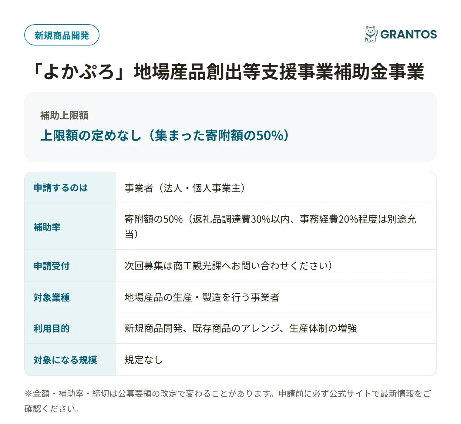 地場産品創出等支援事業補助金の対象・金額・締切の概要