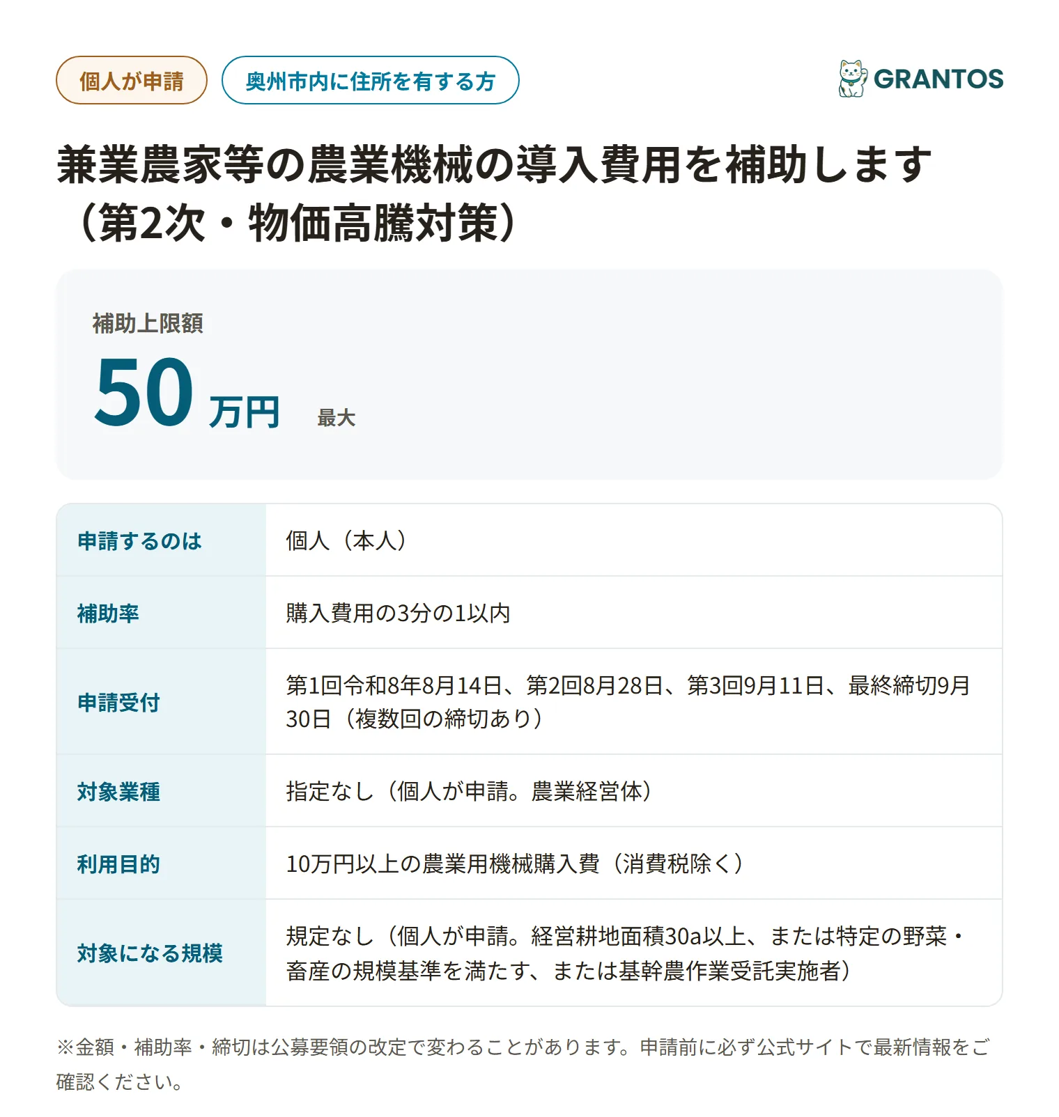兼業農家等の農業機械の導入費用補助（第2次）の対象・金額・締切の概要