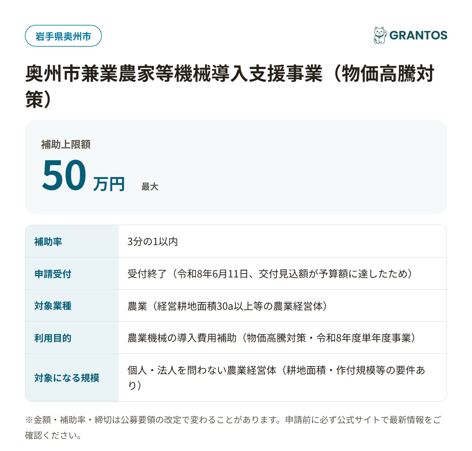 奥州市兼業農家等機械導入支援事業の対象・金額・締切の概要
