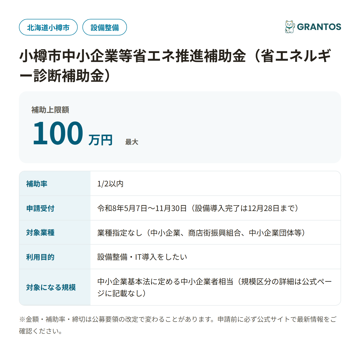 小樽市中小企業等省エネ推進補助金（省エネルギー診断補助金）の対象・金額・締切の概要