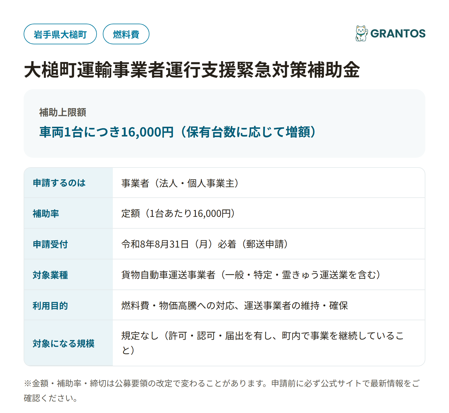 大槌町運輸事業者運行支援緊急対策補助金の対象・金額・締切の概要