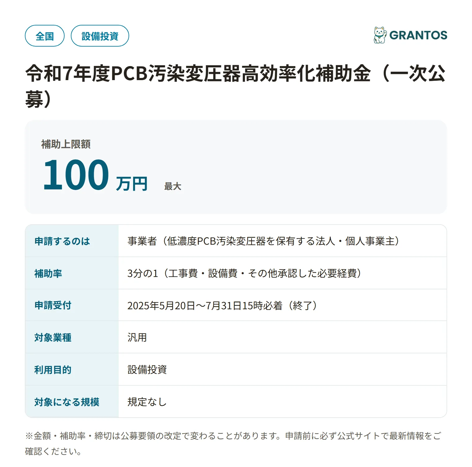 PCB汚染変圧器高効率化補助金（一次公募）の対象・金額・締切の概要