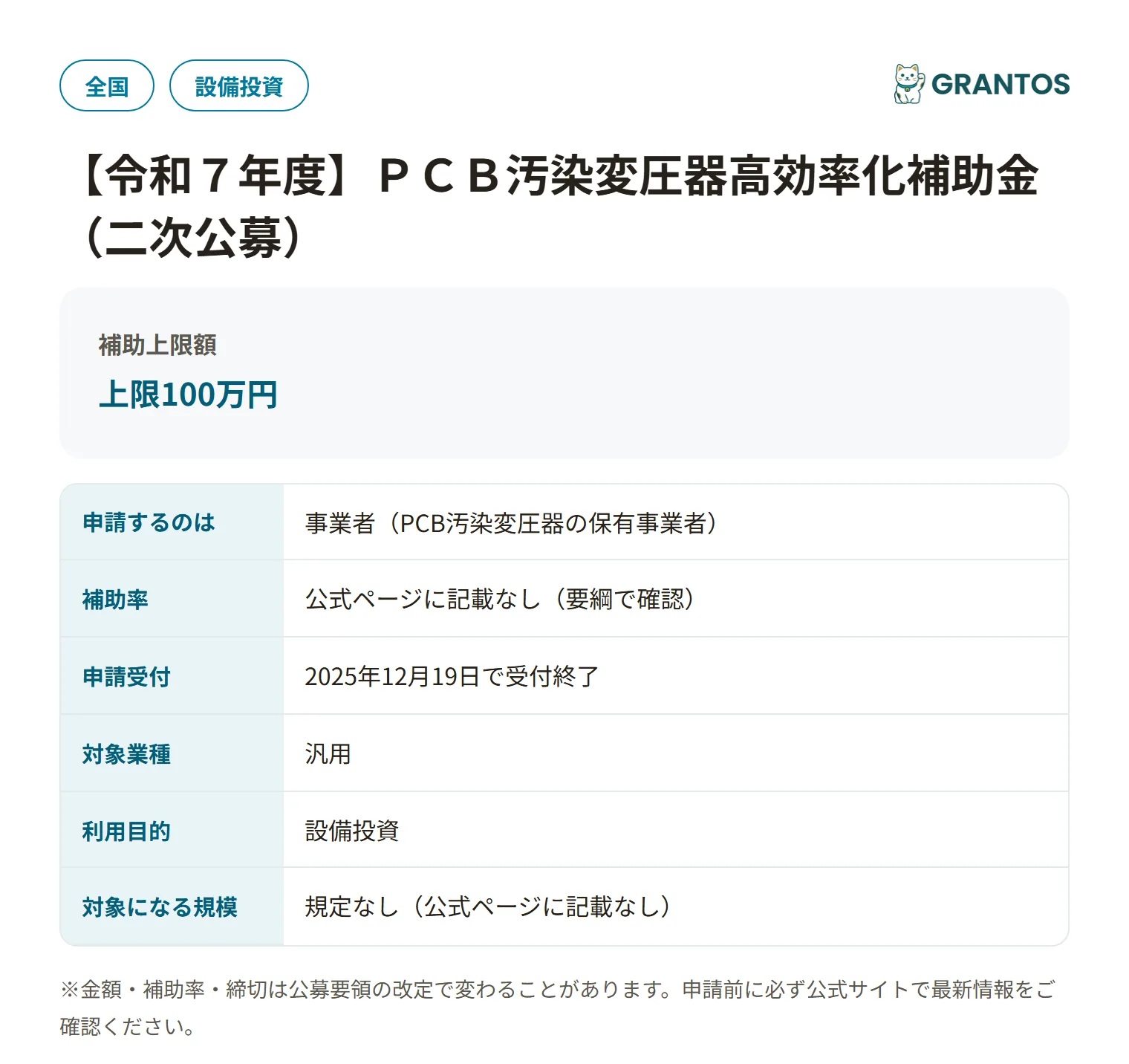 PCB汚染変圧器高効率化補助金の対象・金額・締切の概要