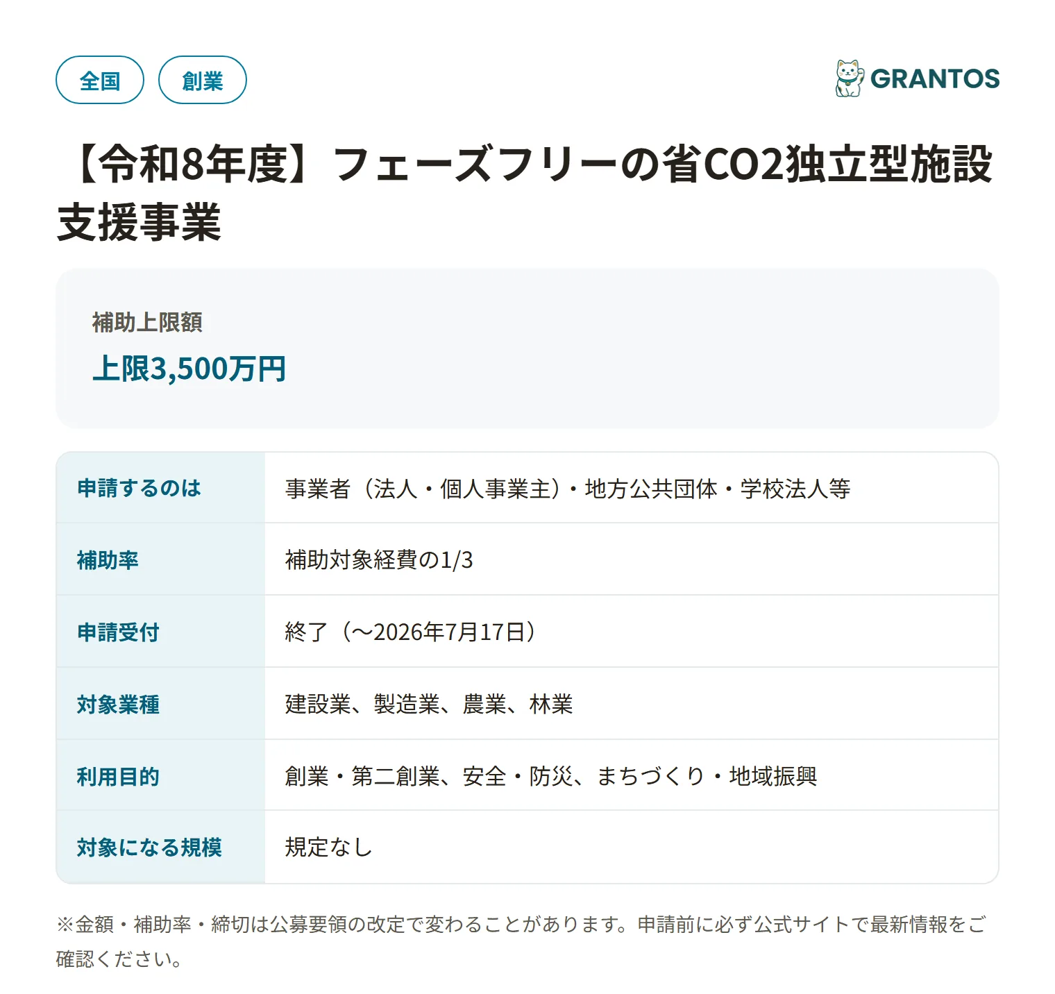 フェーズフリーの省CO2独立型施設支援事業の対象・金額・締切の概要