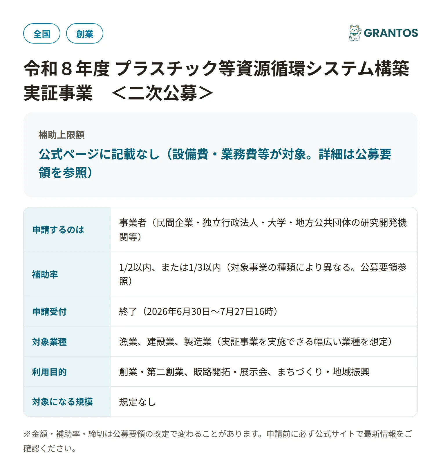 プラスチック等資源循環システム構築実証事業の対象・金額・締切の概要