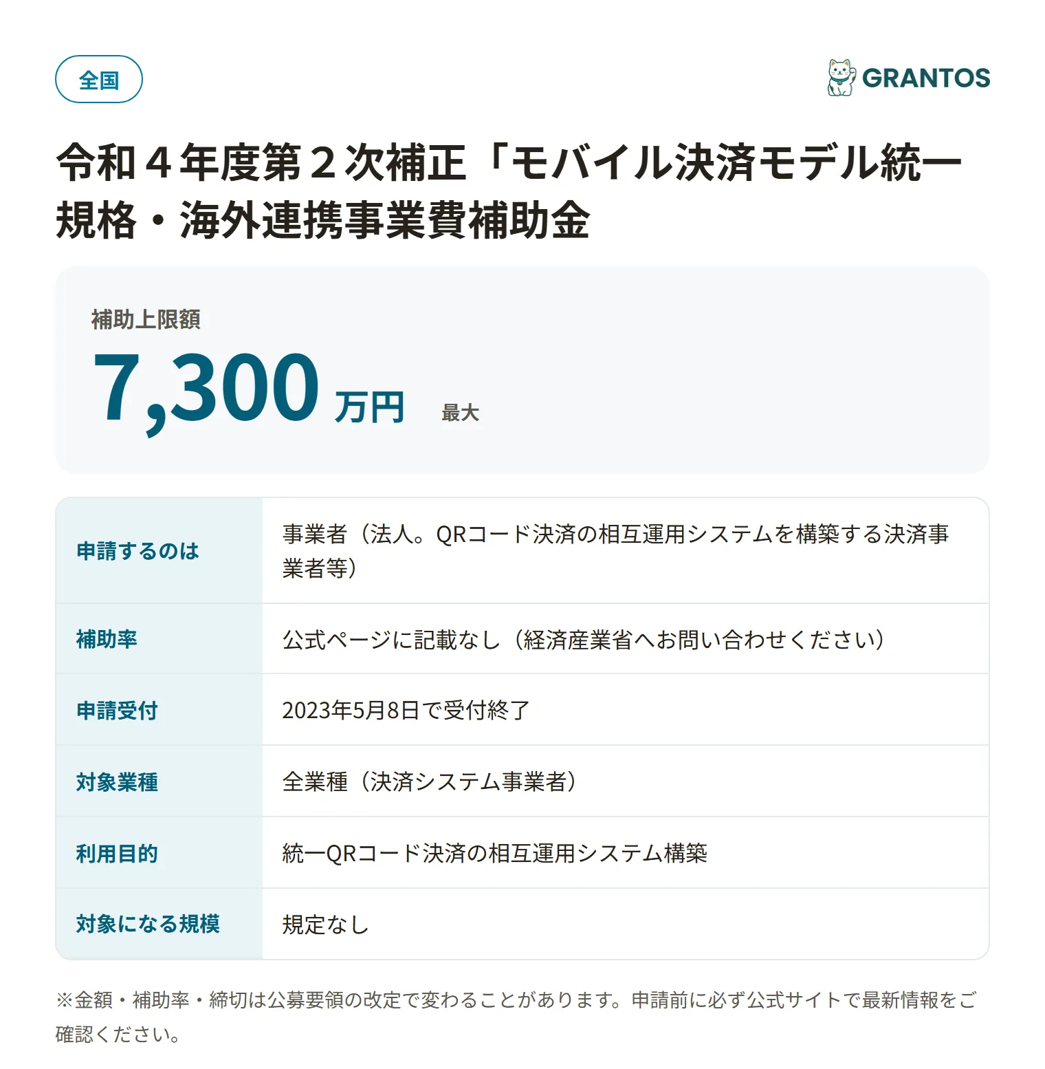 モバイル決済モデル統一規格・海外連携事業費補助金の対象・金額・締切の概要