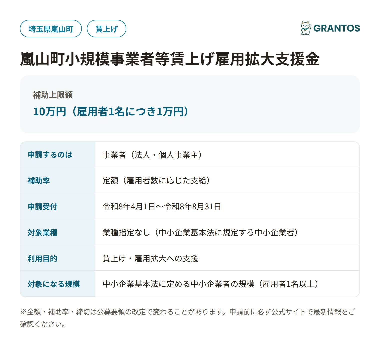 嵐山町小規模事業者等賃上げ雇用拡大支援金の対象・金額・締切の概要