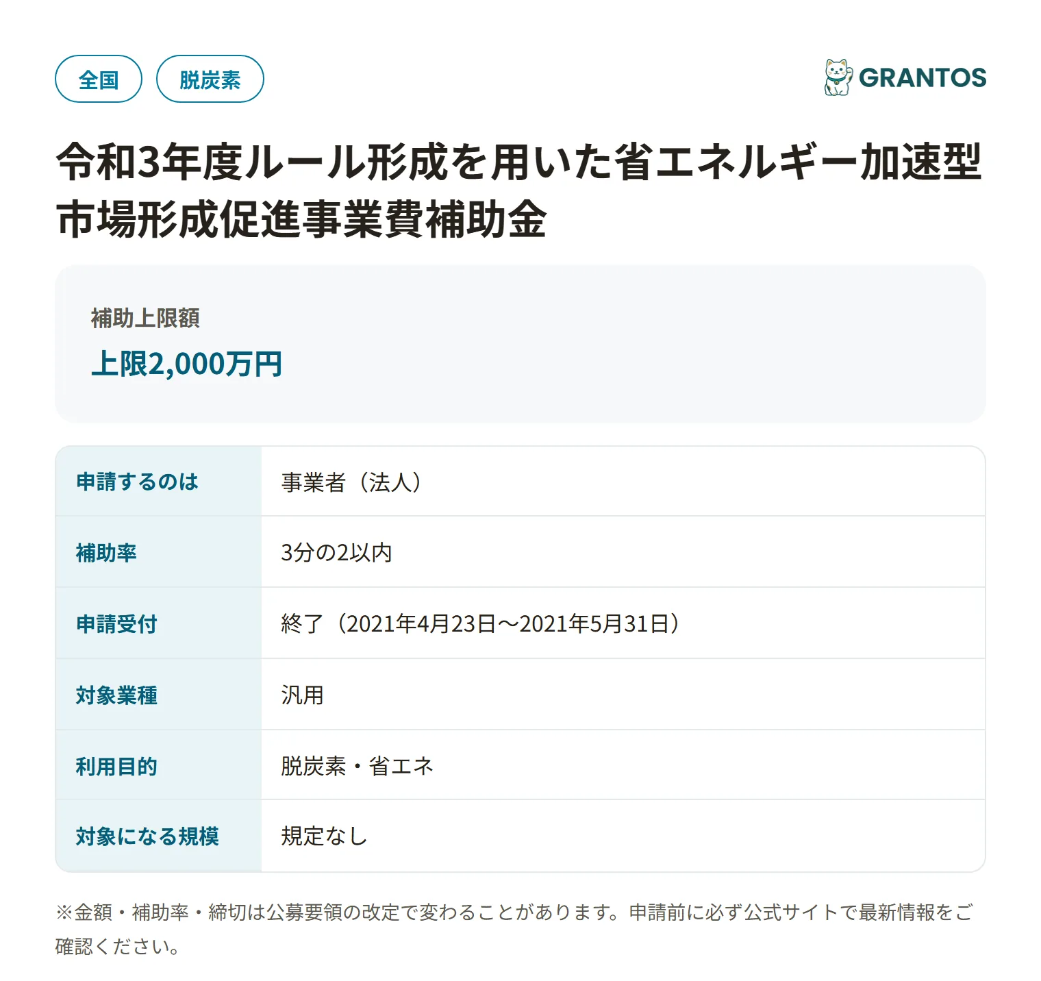 省エネ加速型市場形成促進事業費補助金の対象・金額・締切の概要