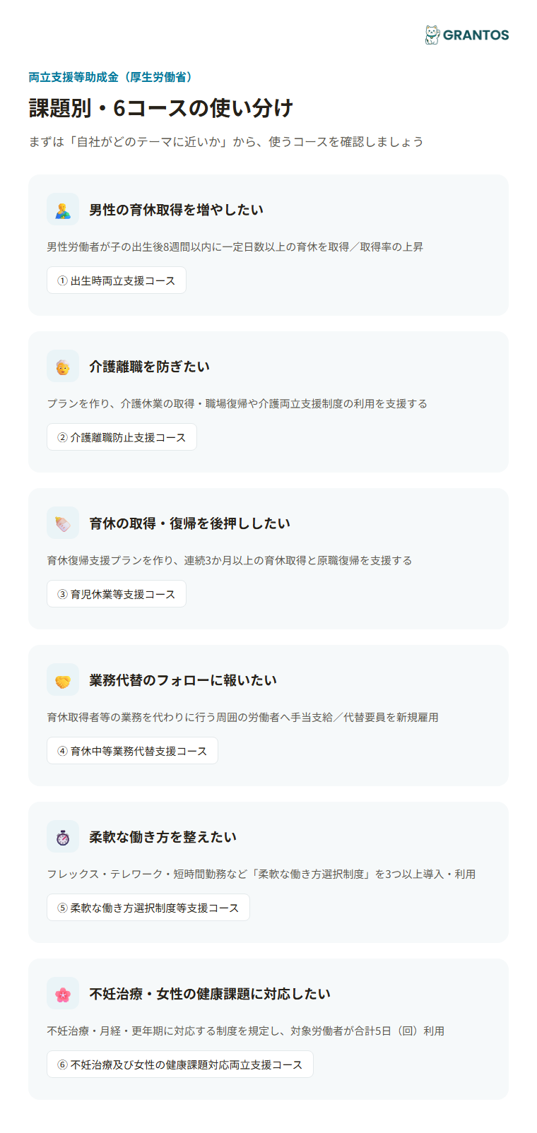 図版①：6コースの使い分けフローチャート（男性育休を増やしたい／介護離職を防ぎたい／育休の取得・復帰を後押ししたい／業務代替のフォローに報いたい／柔軟な働き方を整えたい／不妊治療・女性の健康課題に対応したい、のどれに近いか）