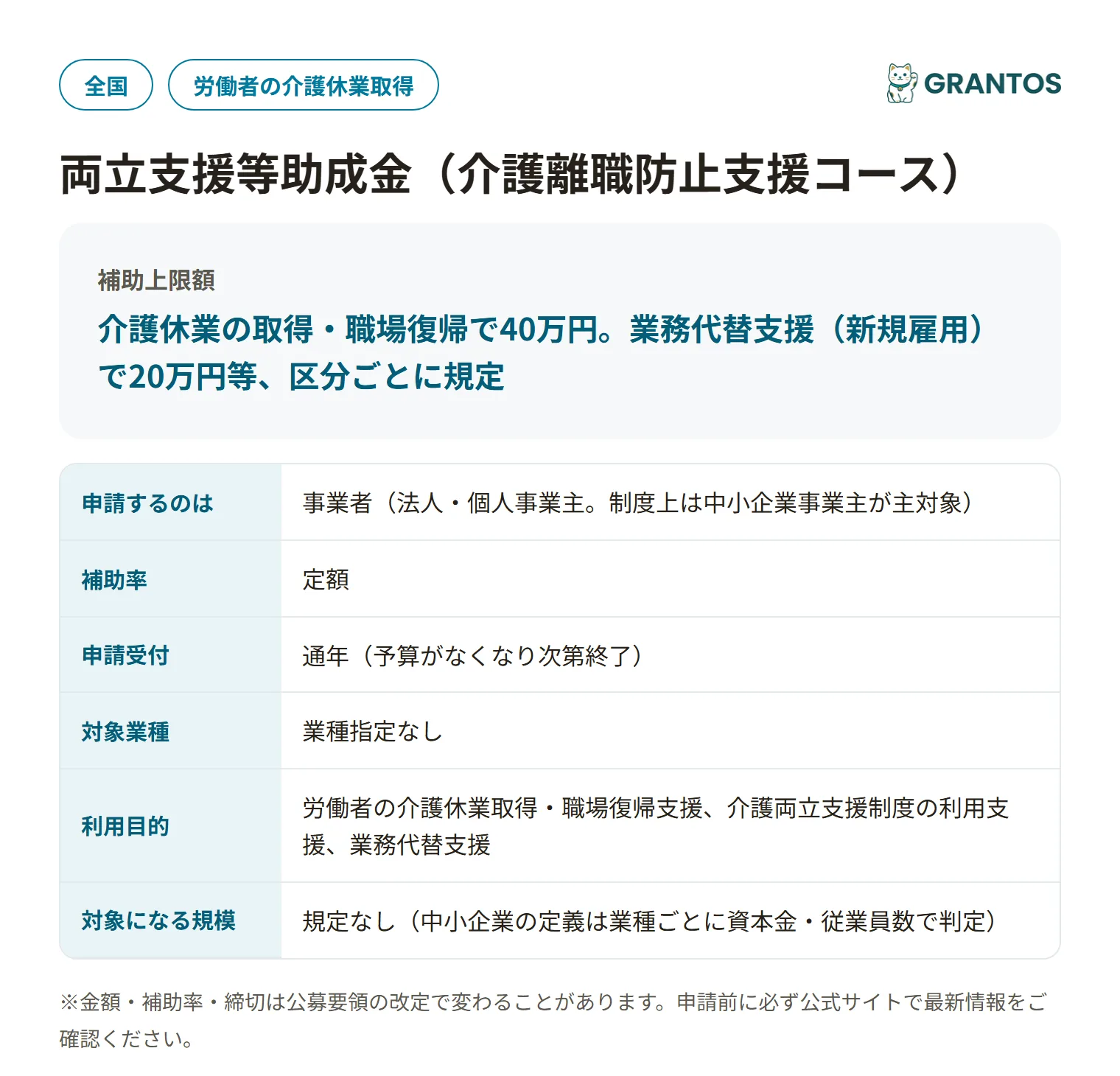 両立支援等助成金(介護離職防止支援コース)の対象・金額・締切の概要