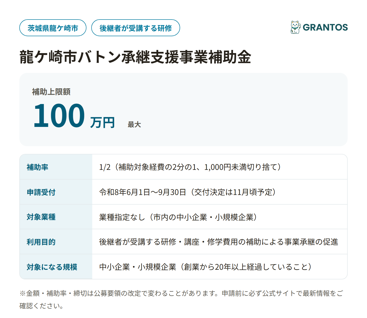 龍ケ崎市バトン承継支援事業補助金の対象・金額・締切の概要