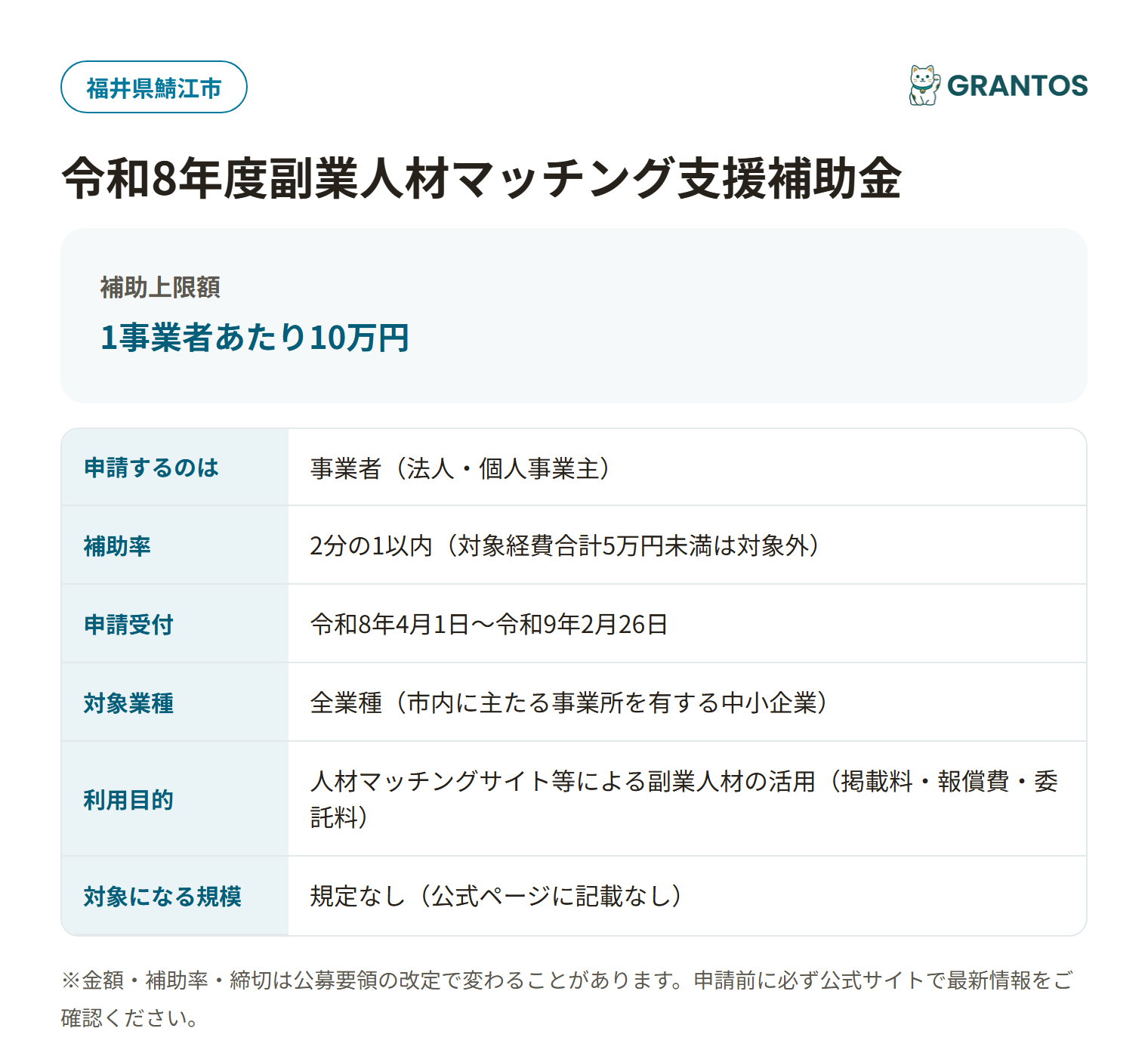 副業人材マッチング支援補助金の対象・金額・締切の概要