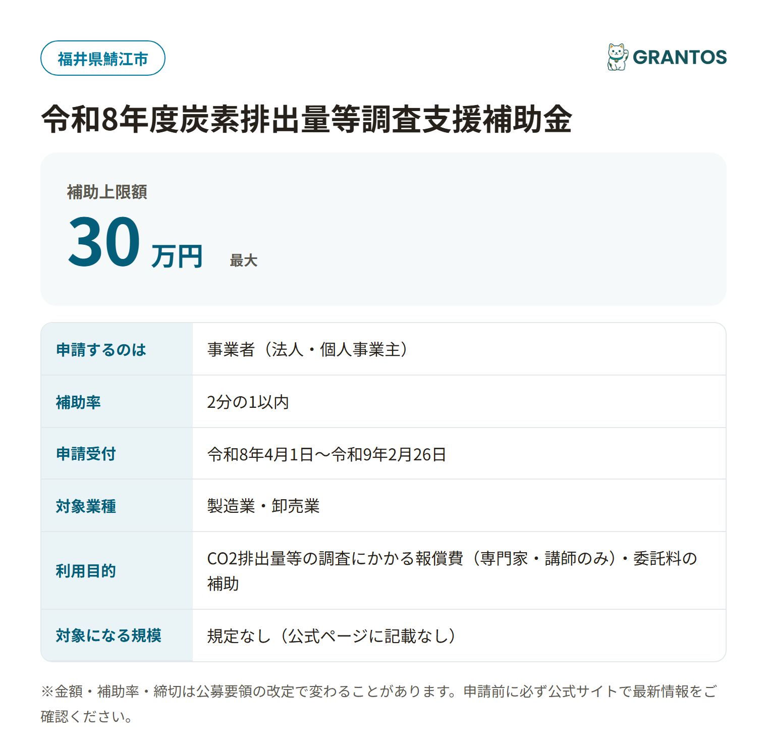 炭素排出量等調査支援補助金の対象・金額・締切の概要