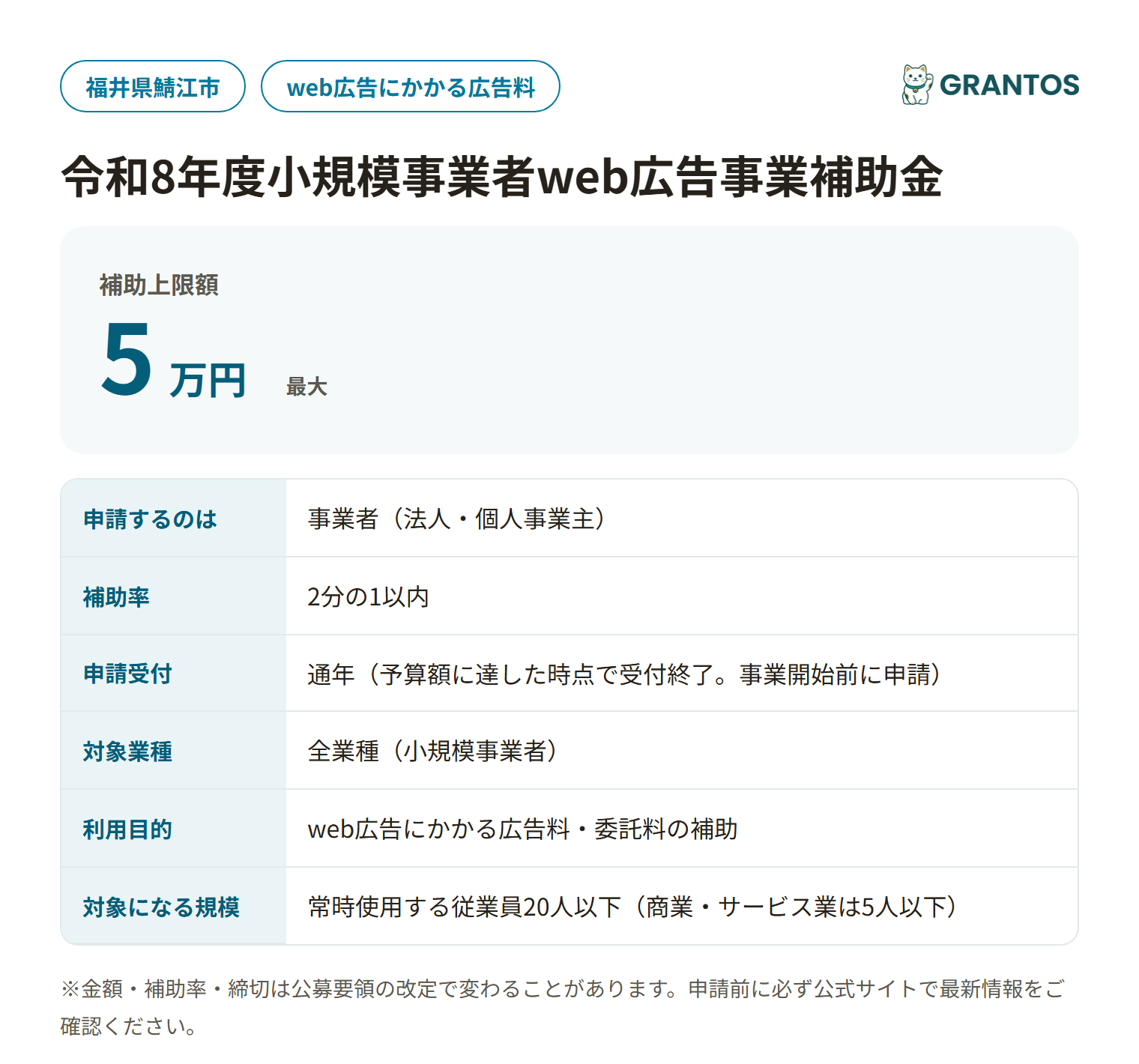 小規模事業者web広告事業補助金の対象・金額・締切の概要