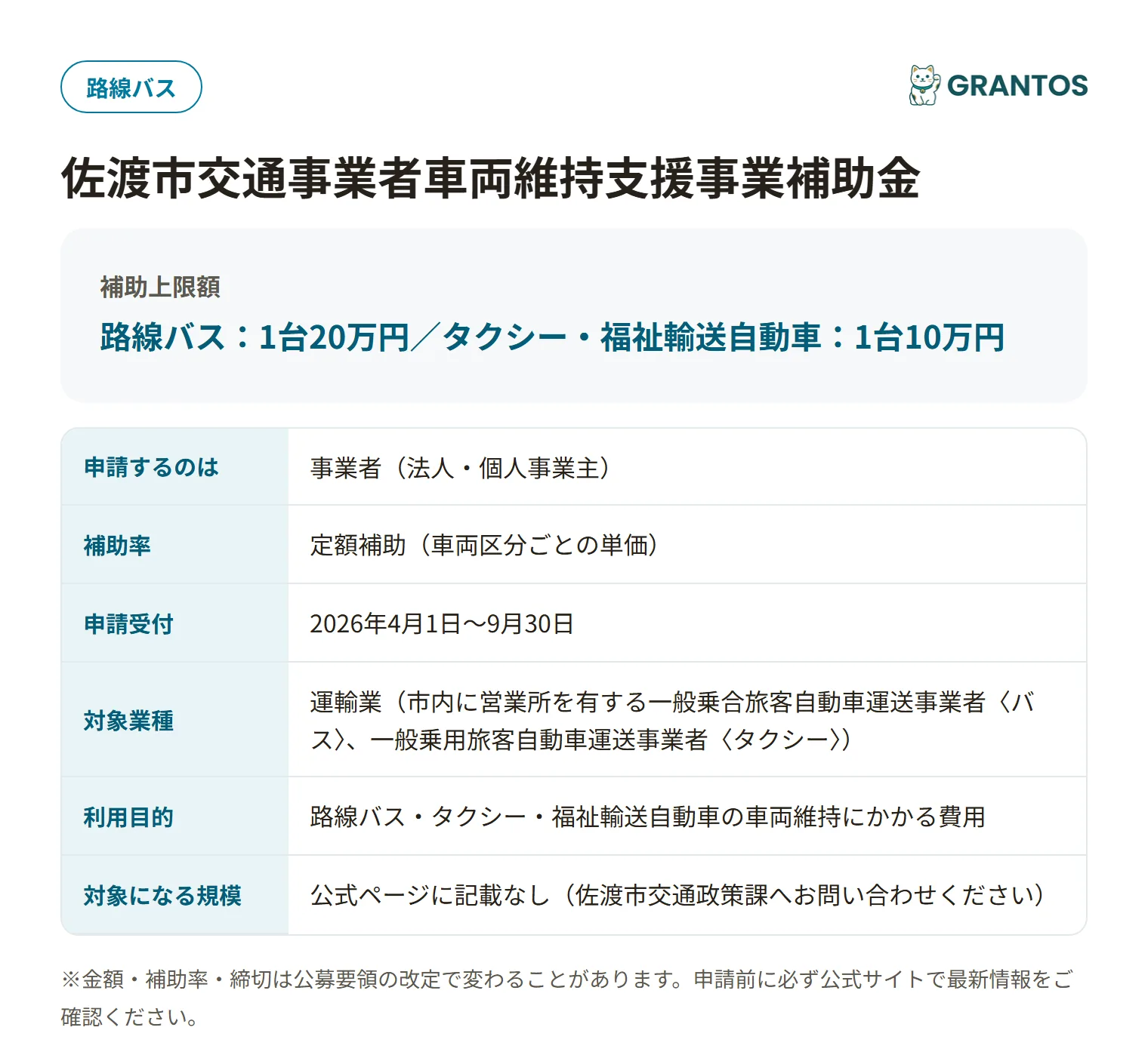 佐渡市交通事業者車両維持支援事業補助金の対象・金額・締切の概要
