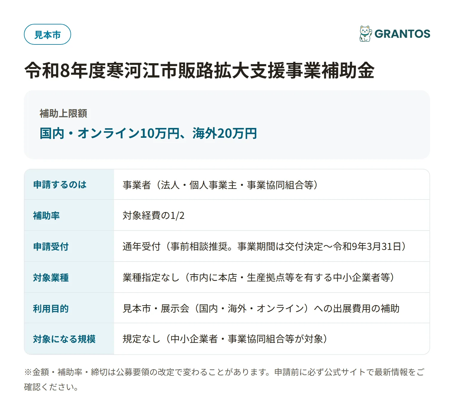 寒河江市販路拡大支援事業補助金の対象・金額・締切の概要