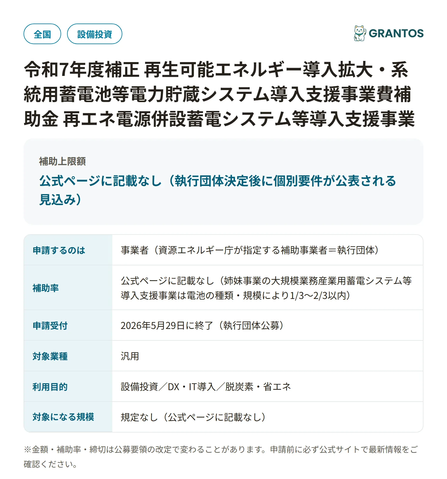再エネ電源併設蓄電システム等導入支援事業の対象・金額・締切の概要